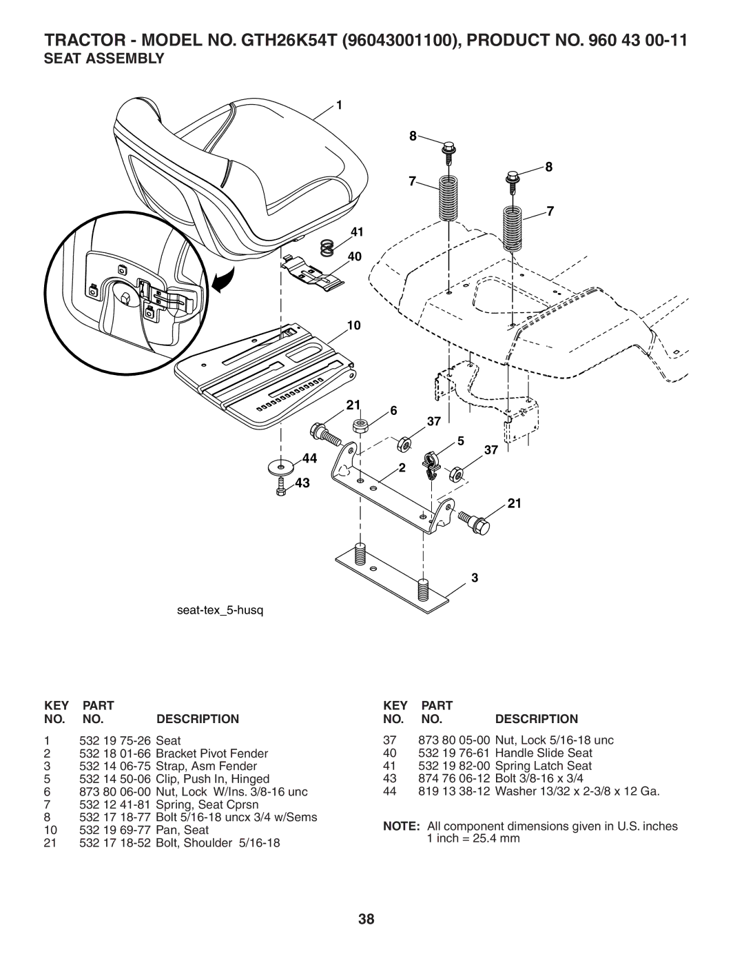 Husqvarna GTH26K54T owner manual Seat Assembly 