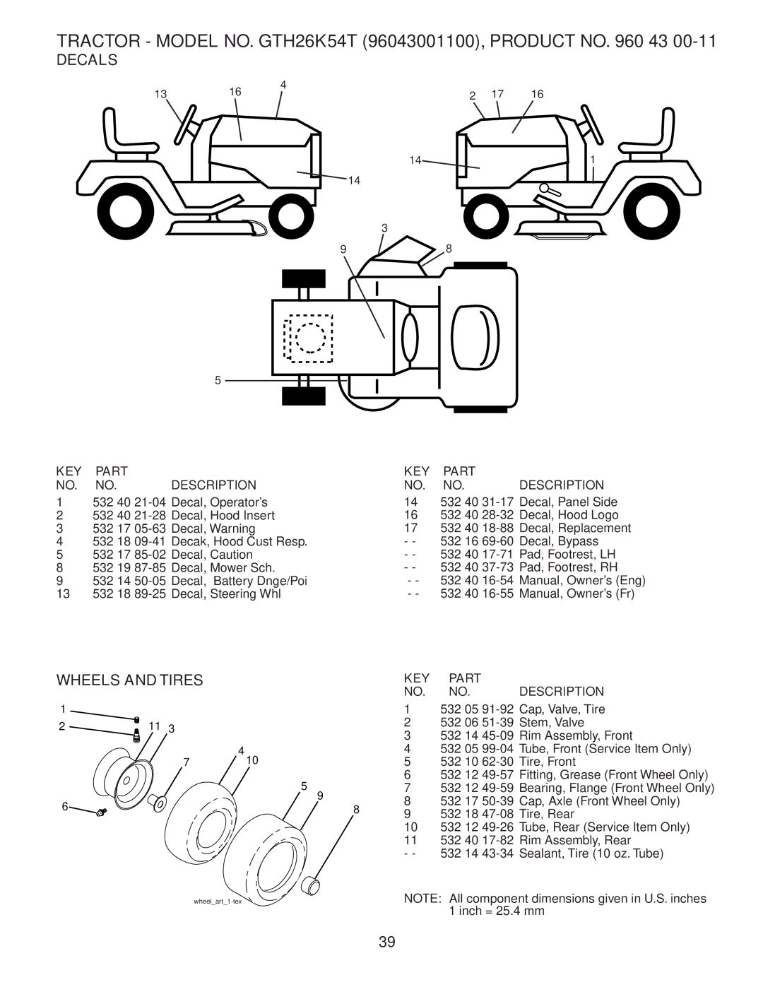 Husqvarna GTH26K54T owner manual Decals, Wheels and Tires 