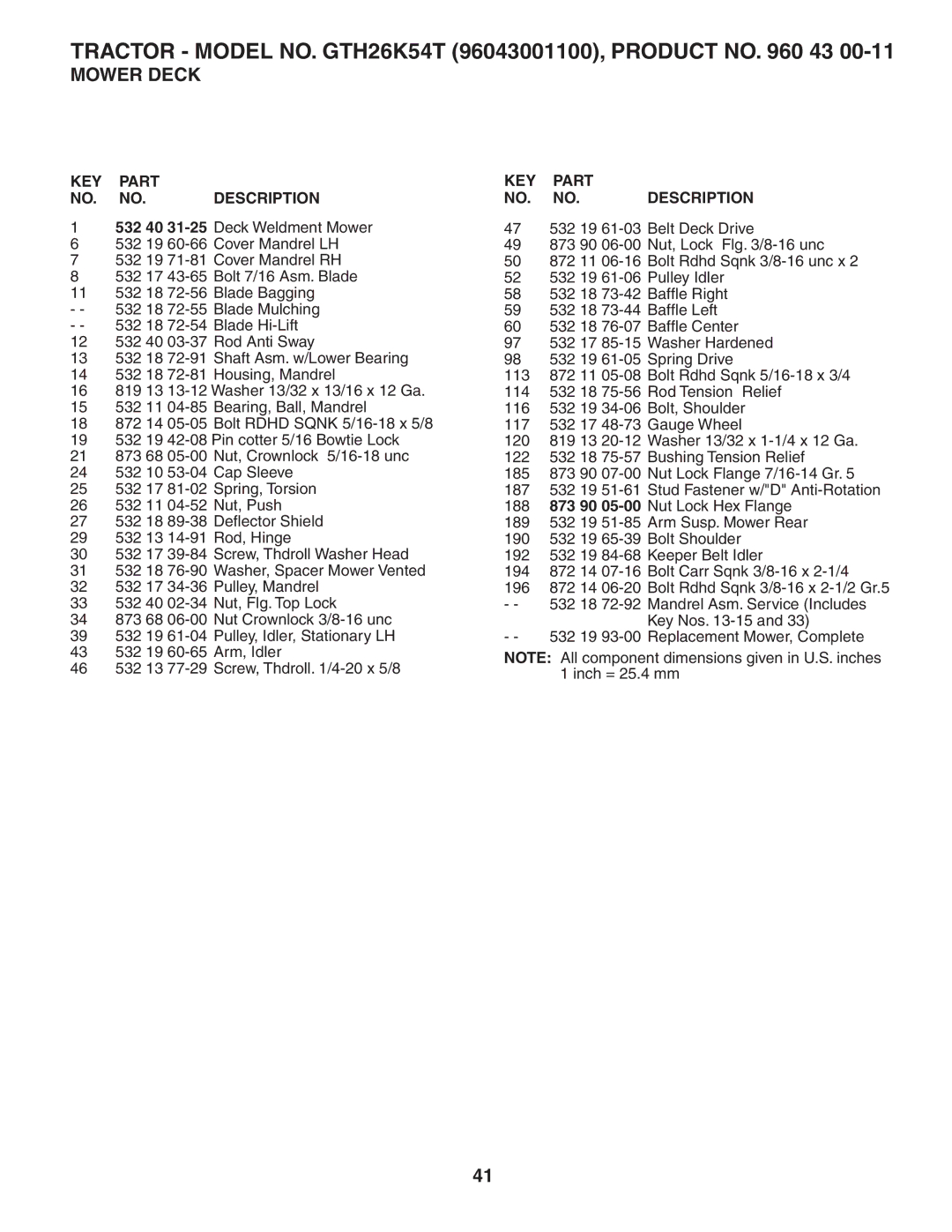 Husqvarna GTH26K54T owner manual KEY Part NO. NO.DESCRIPTION 