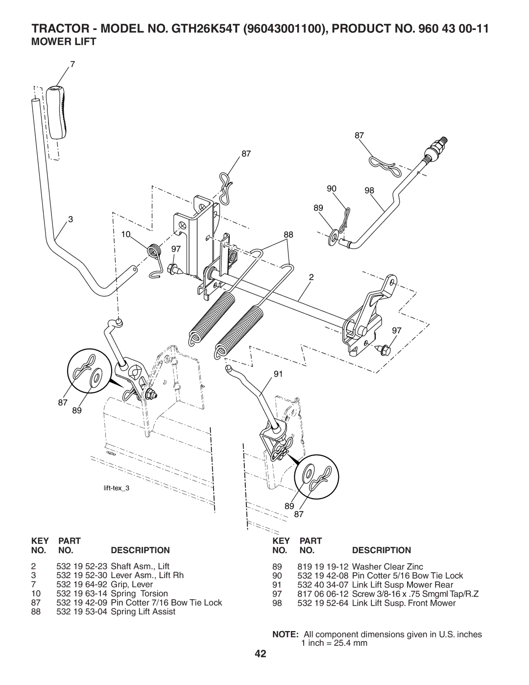 Husqvarna GTH26K54T owner manual Mower Lift, KEY Part Description 