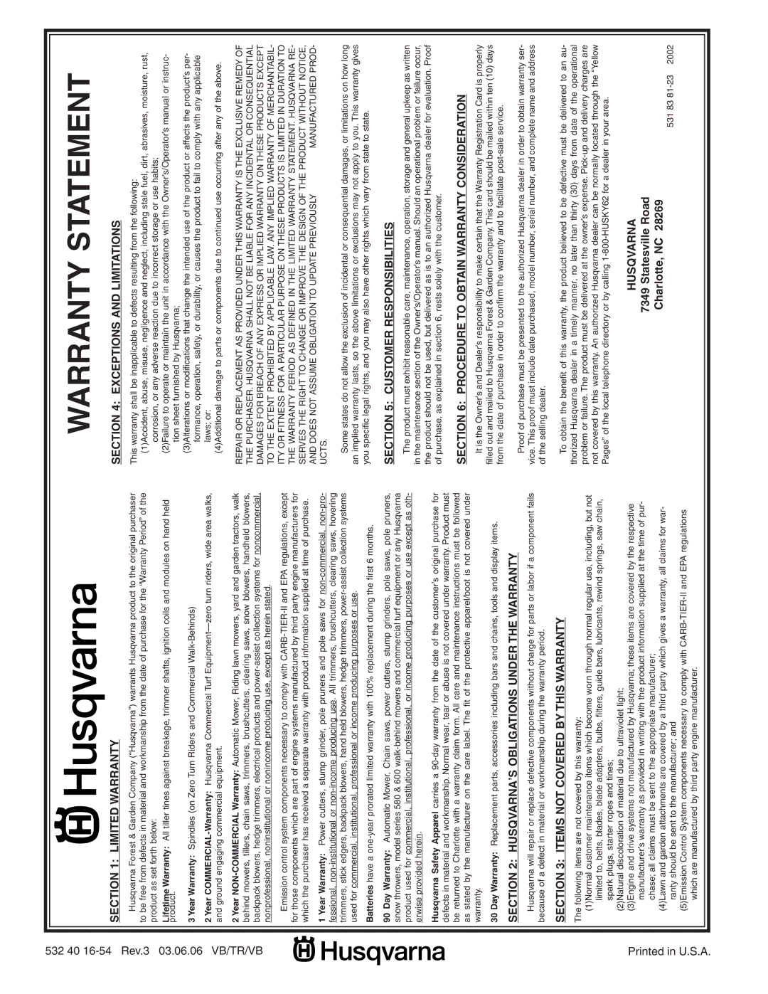 Husqvarna GTH26K54T owner manual Warranty Statement 