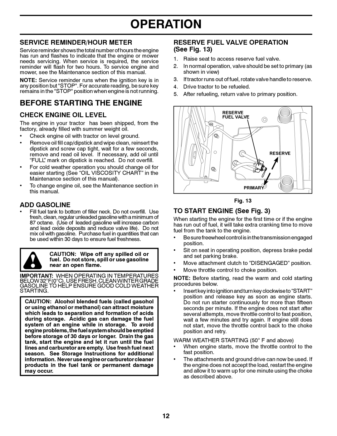 Husqvarna GTH26V48LS Before Starting the Engine, Service REMINDER/HOUR Meter, Check Engine OIL Level, ADD Gasoline 