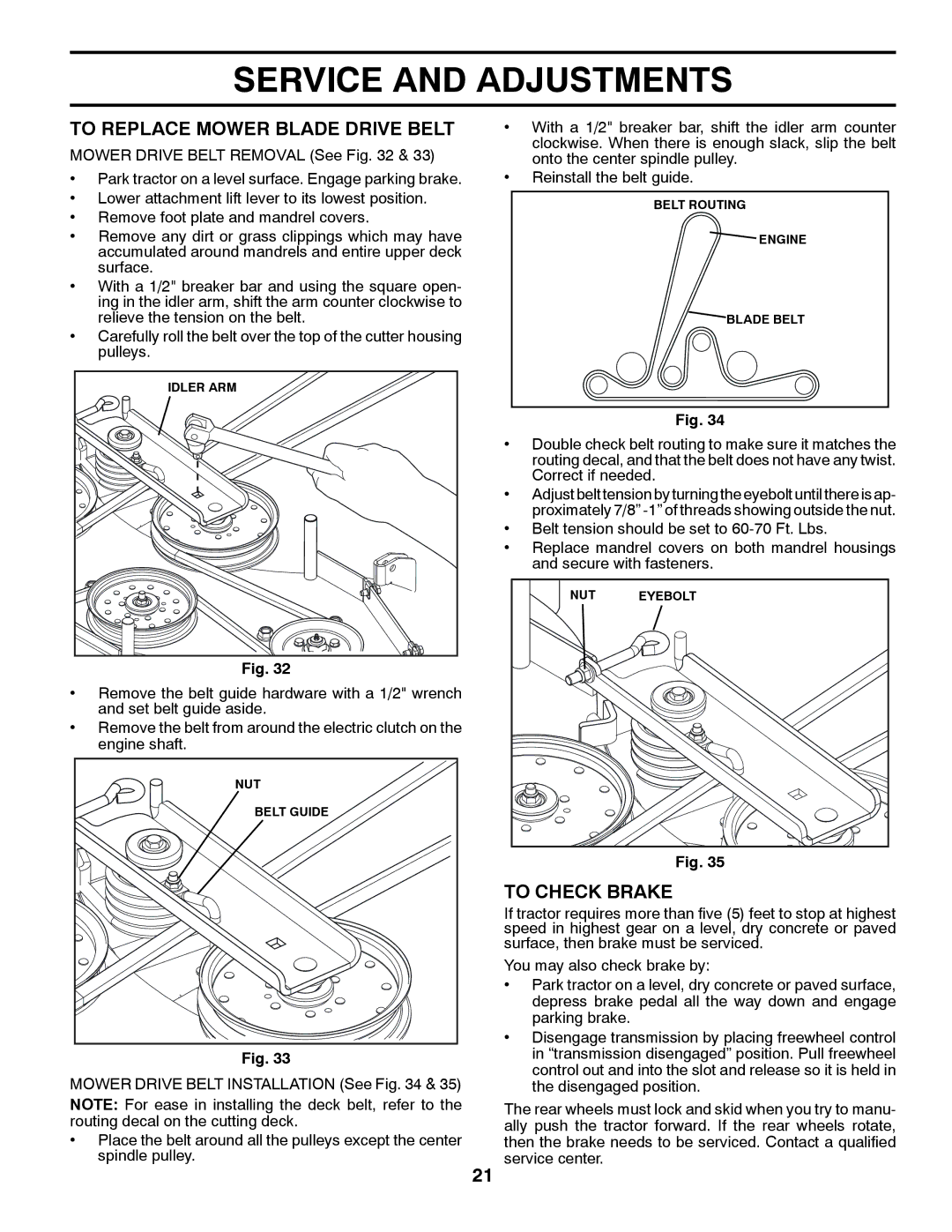 Husqvarna GTH26V48LS owner manual To Replace Mower Blade Drive Belt, To Check Brake 