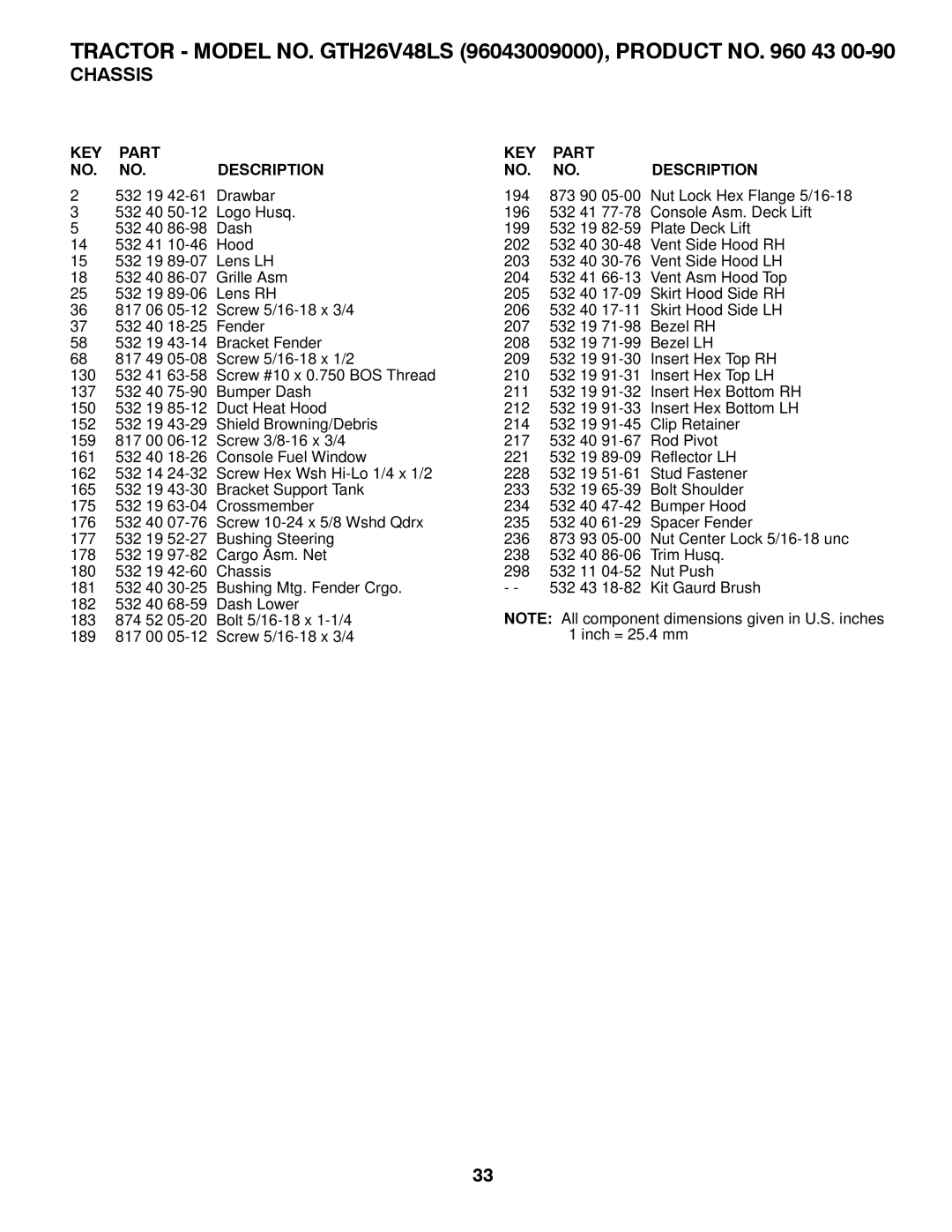 Husqvarna owner manual Tractor Model NO. GTH26V48LS 96043009000, Product no 43 