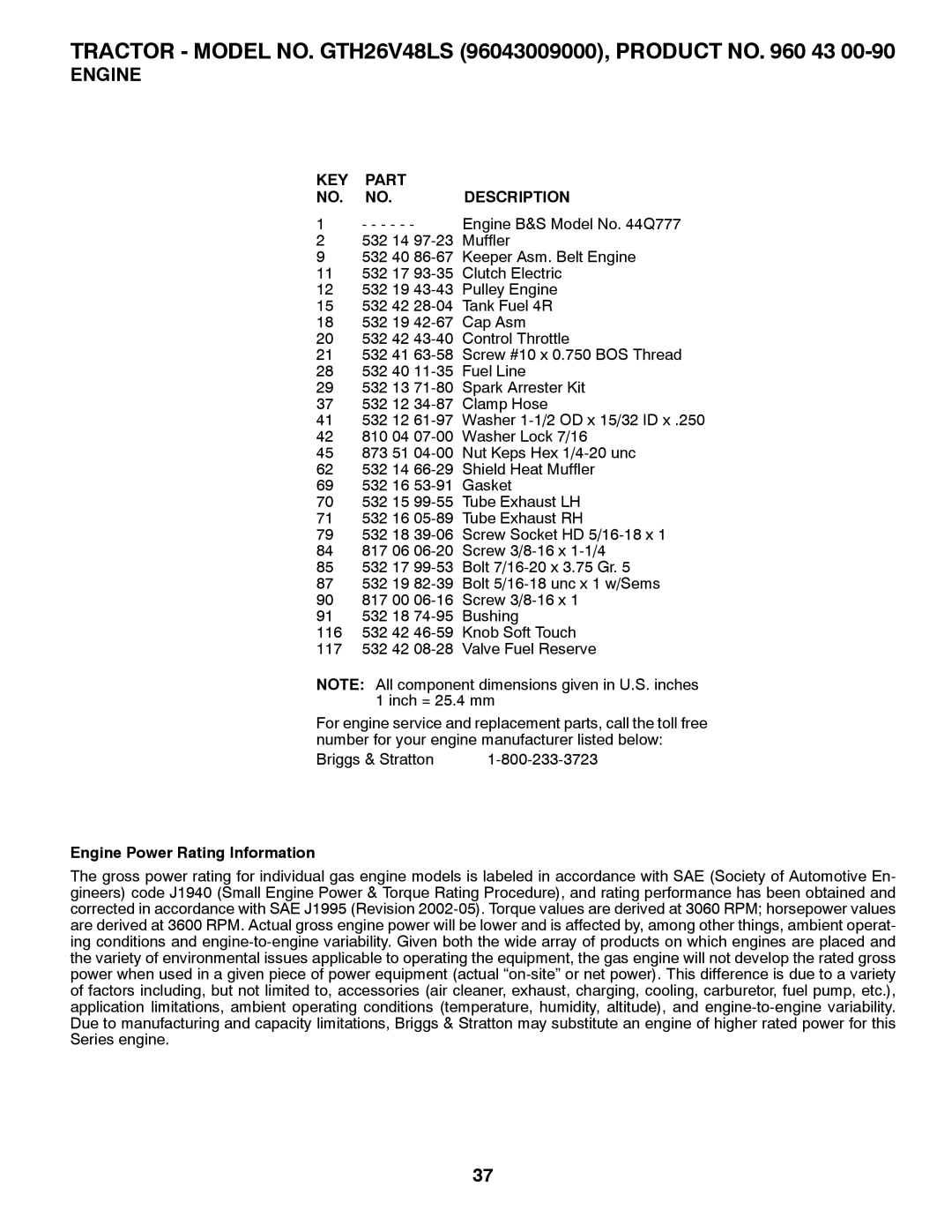 Husqvarna GTH26V48LS owner manual Engine Power Rating Information 