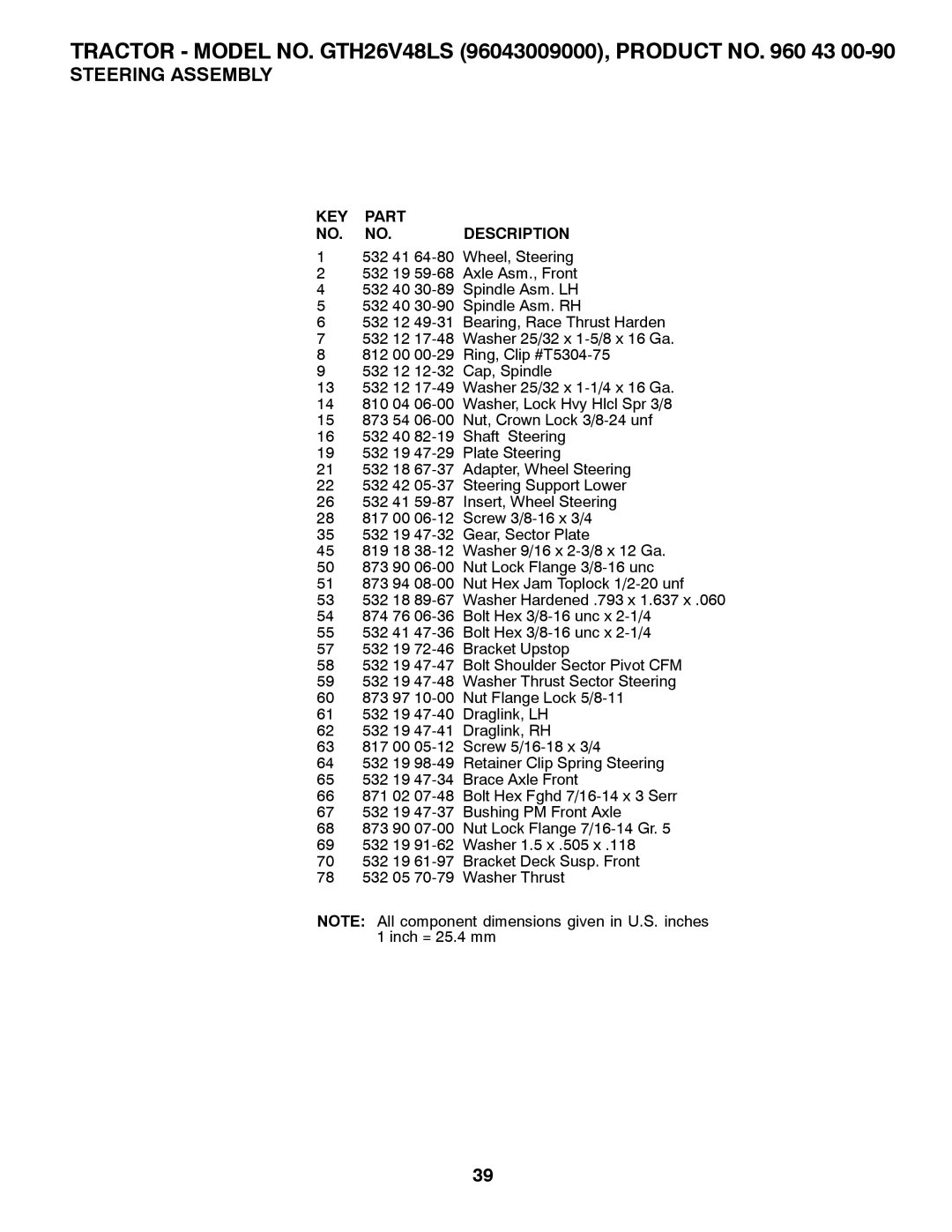 Husqvarna owner manual Tractor Model NO. GTH26V48LS 96043009000, Product no 43 