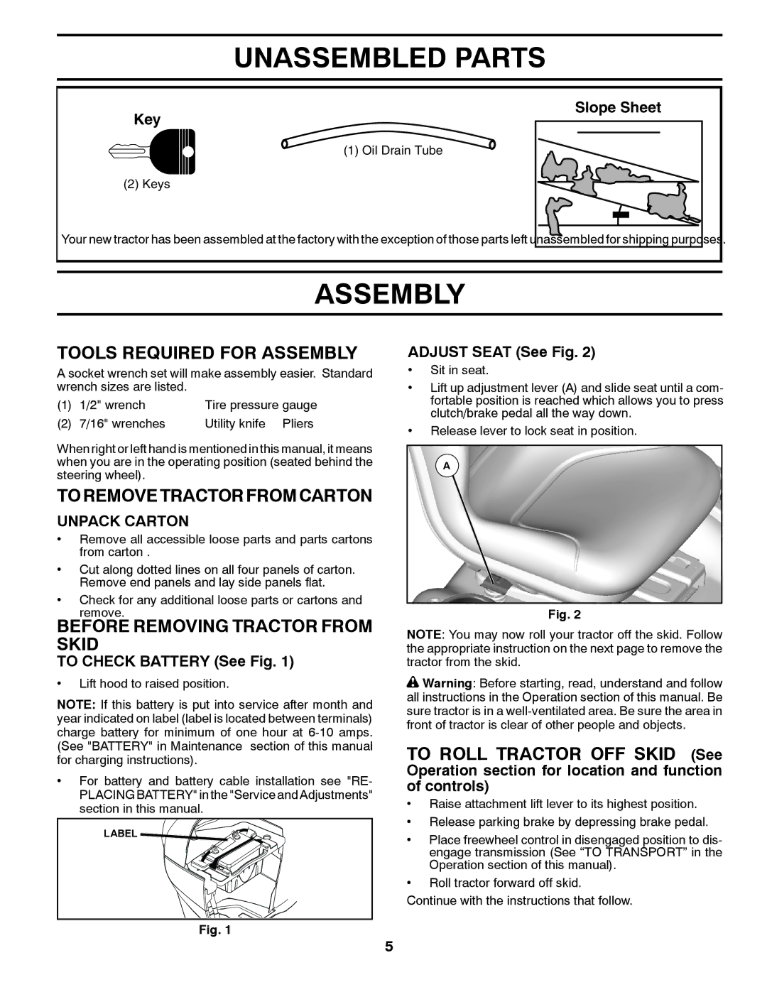 Husqvarna GTH26V48LS owner manual Unassembled Parts, Tools Required for Assembly, Toremovetractorfromcarton 