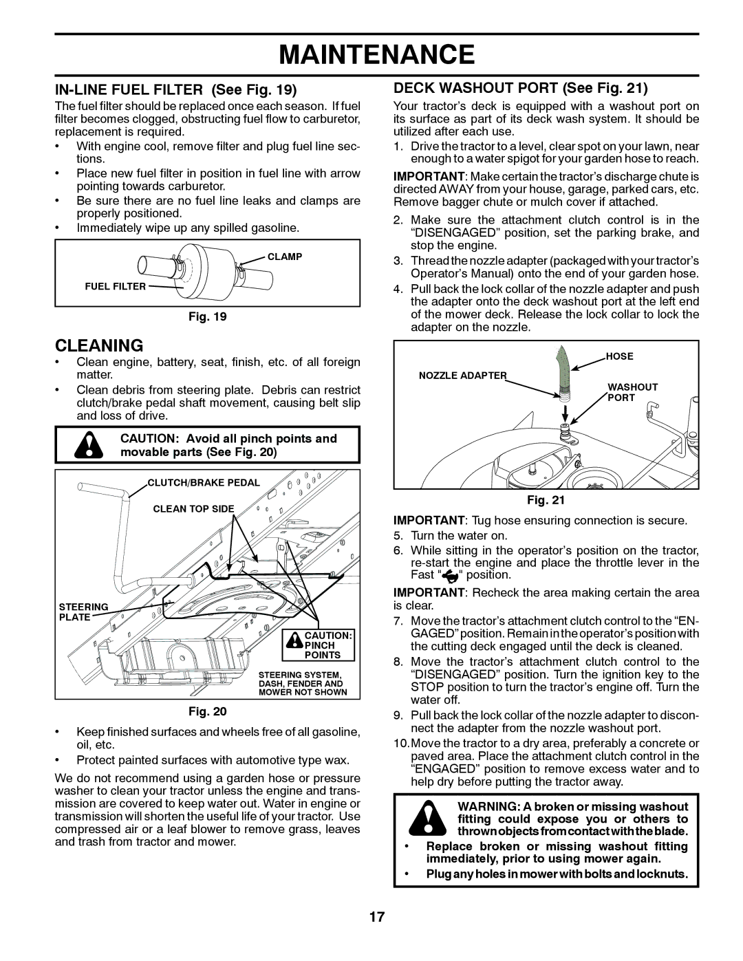 Husqvarna GTH26V52LS owner manual Cleaning, IN-LINE Fuel Filter See Fig, Deck Washout Port See Fig 