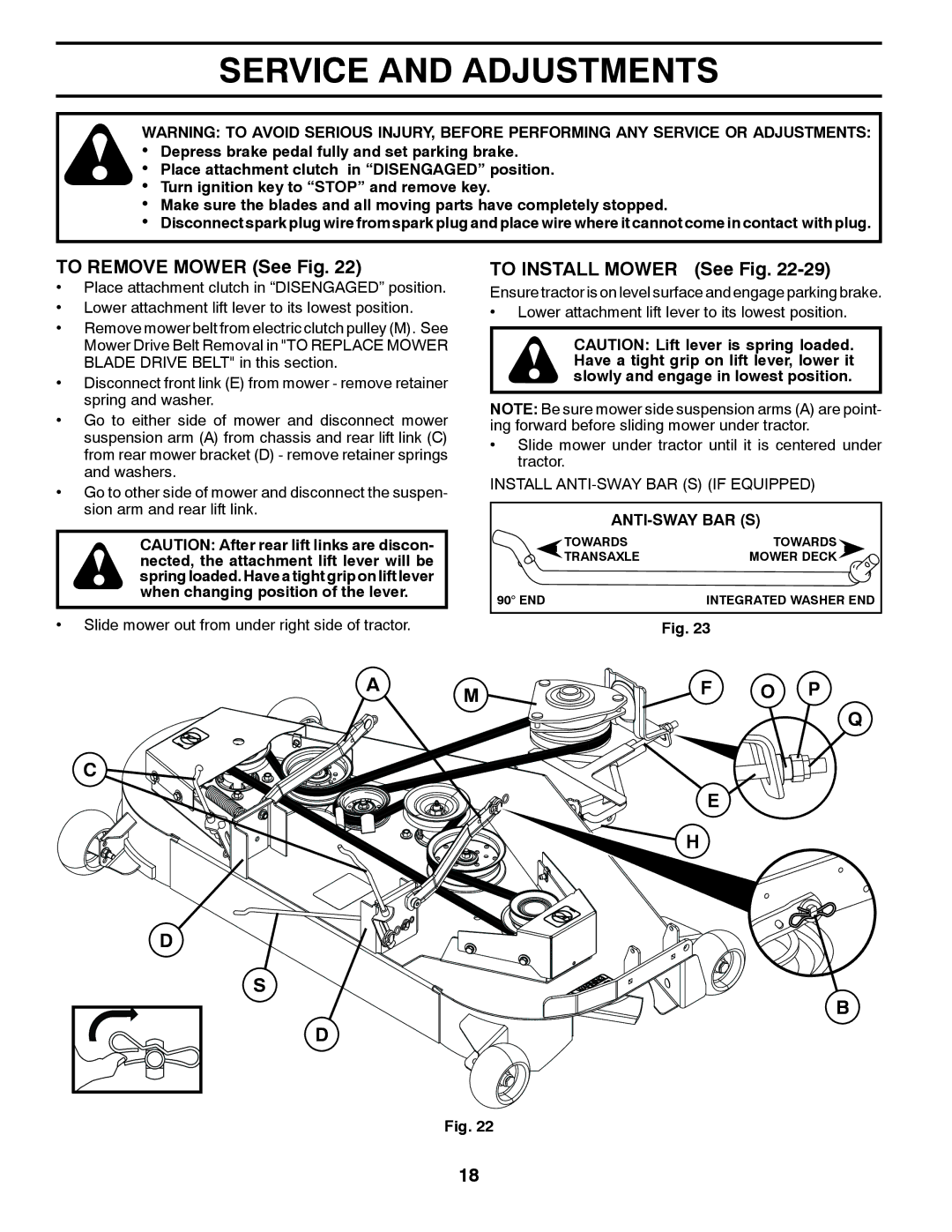 Husqvarna GTH26V52LS Service and Adjustments, To Remove Mower See Fig, To Install Mower See Fig, O P, Anti-Sway Bar S 