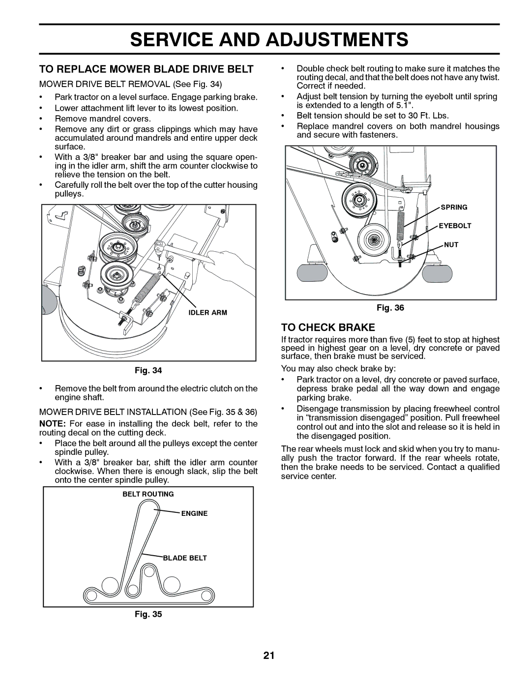 Husqvarna GTH26V52LS owner manual To Replace Mower Blade Drive Belt, To Check Brake 