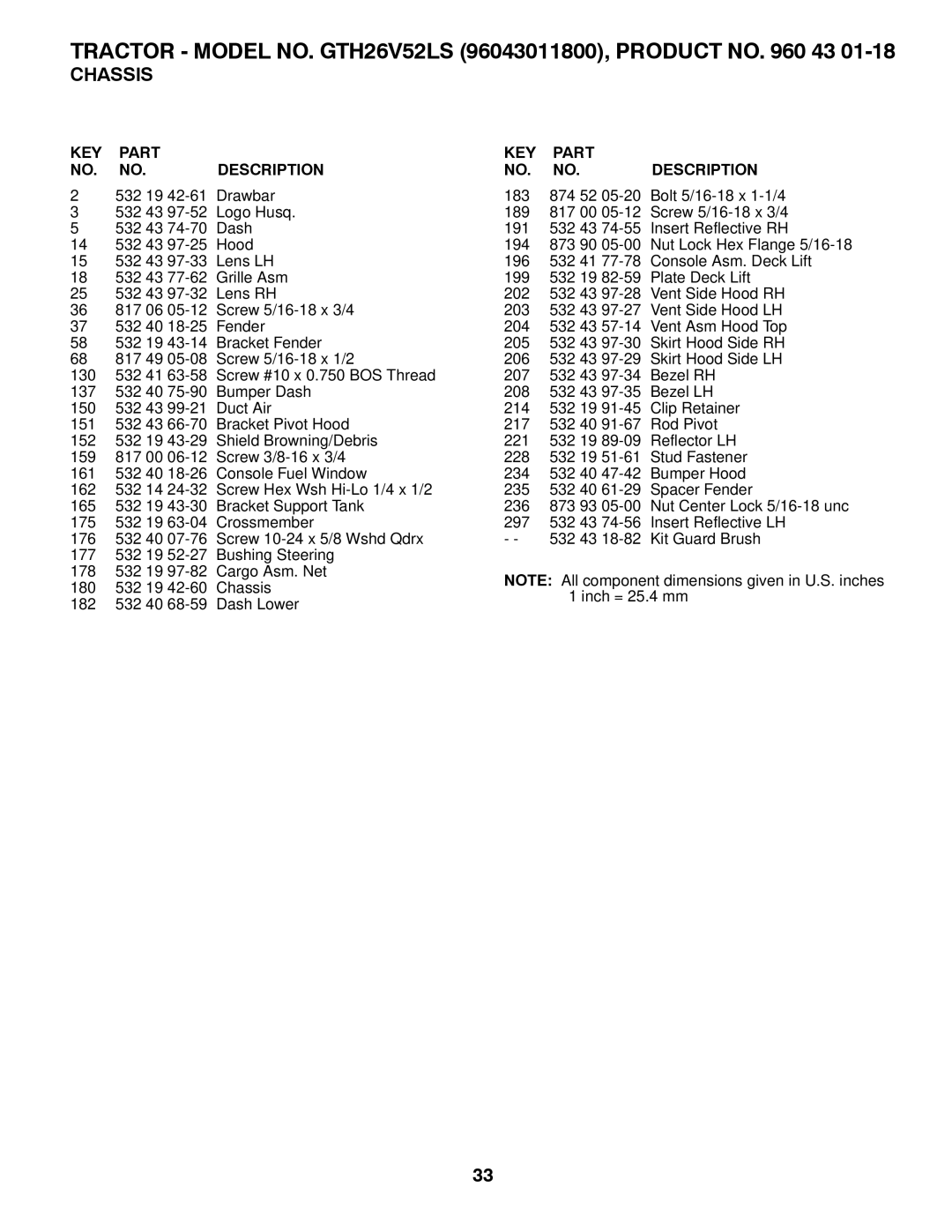 Husqvarna owner manual Tractor Model NO. GTH26V52LS 96043011800, Product no 43 