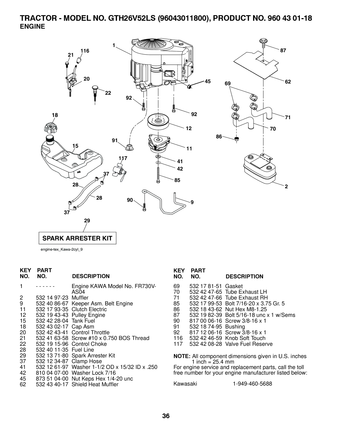 Husqvarna GTH26V52LS owner manual Engine, Spark Arrester KIT 