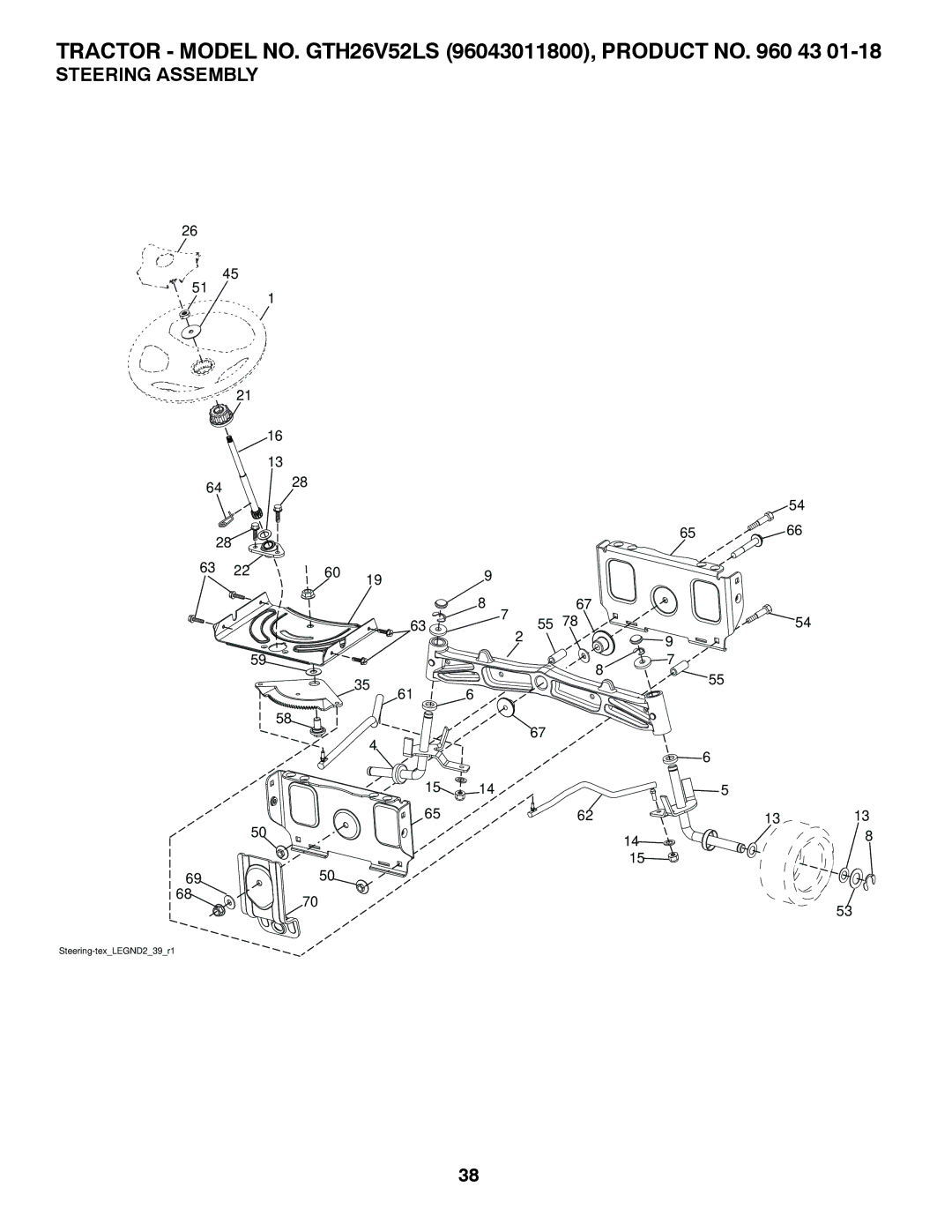 Husqvarna GTH26V52LS owner manual Steering Assembly 