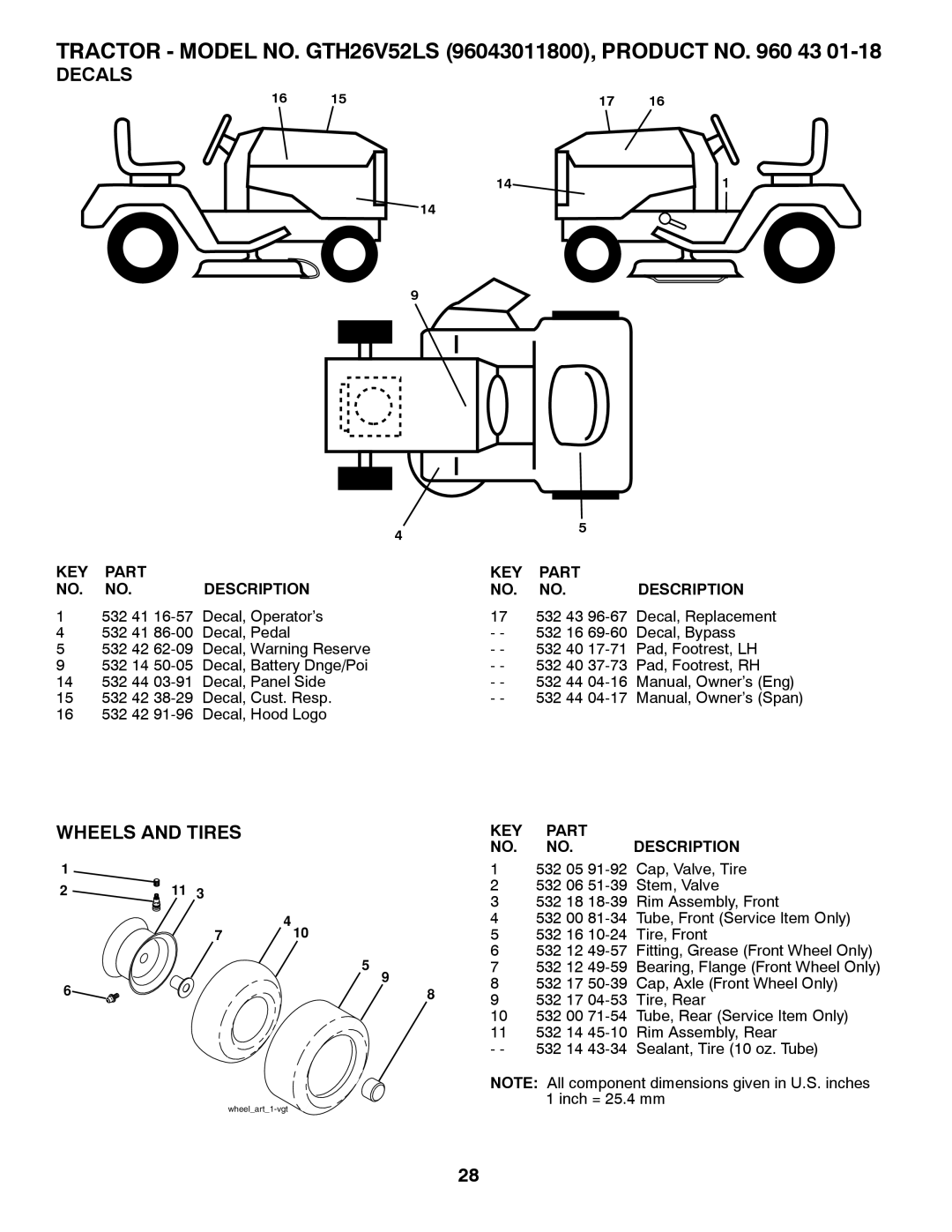 Husqvarna TRACTOR - MODEL NO. GTH26V52LS 96043011800, PRODUCT NO, Decals, Wheels And Tires, Part, Description 