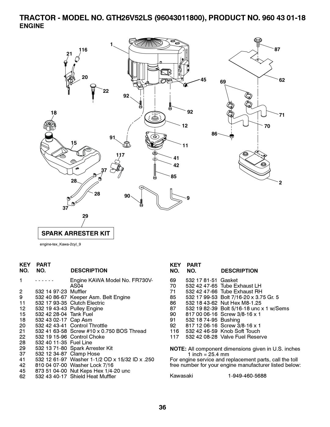 Husqvarna owner manual Engine, TRACTOR - MODEL NO. GTH26V52LS 96043011800, PRODUCT NO. 960, Part, Description 