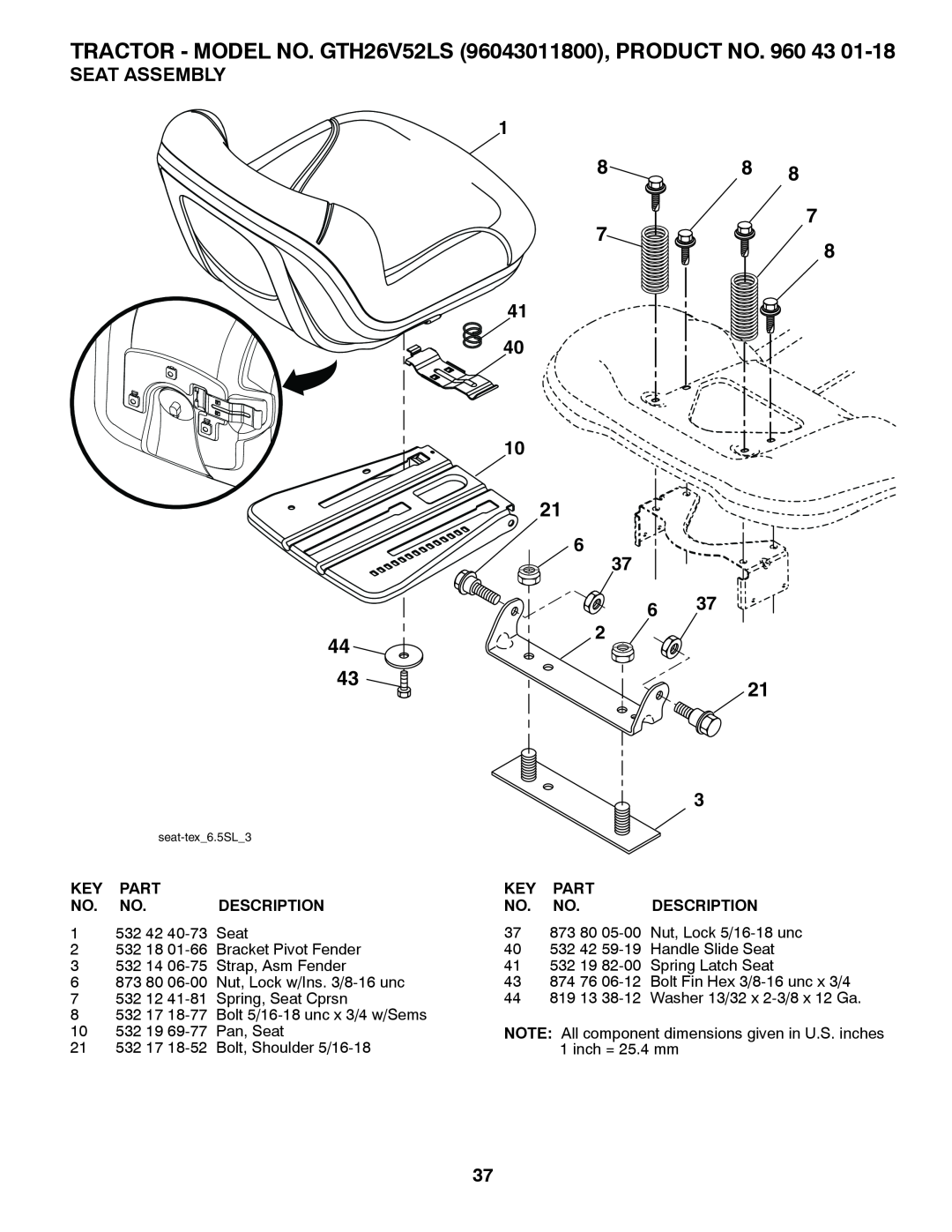 Husqvarna owner manual Seat Assembly, TRACTOR - MODEL NO. GTH26V52LS 96043011800, PRODUCT NO. 960 43, Part, Description 