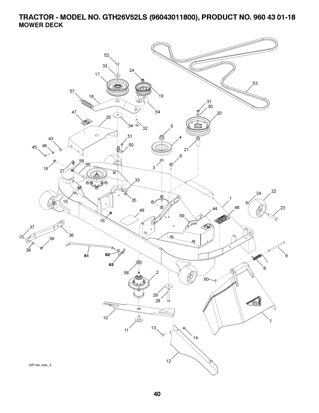 Husqvarna owner manual Mower Deck, TRACTOR - MODEL NO. GTH26V52LS 96043011800, PRODUCT NO. 960 43, 52F-texelec3 