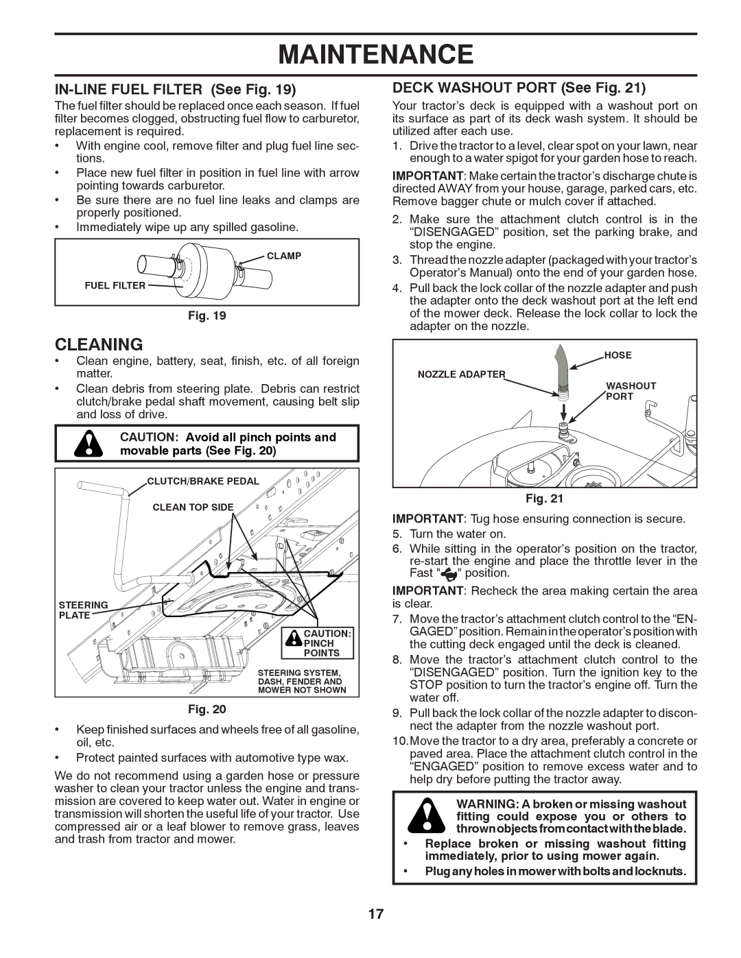 Husqvarna GTH2752TF owner manual Cleaning, IN-LINE Fuel Filter See Fig, Deck Washout Port See Fig 