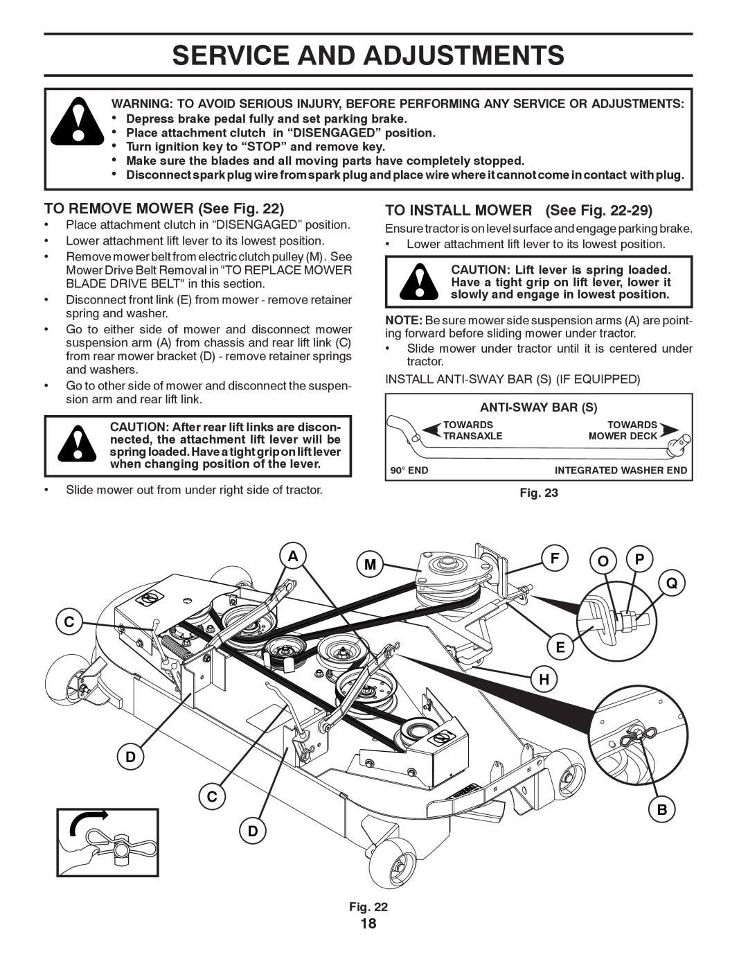 Husqvarna GTH2752TF Service and Adjustments, To Remove Mower See Fig, To Install Mower See Fig, Anti-Sway Bar S 