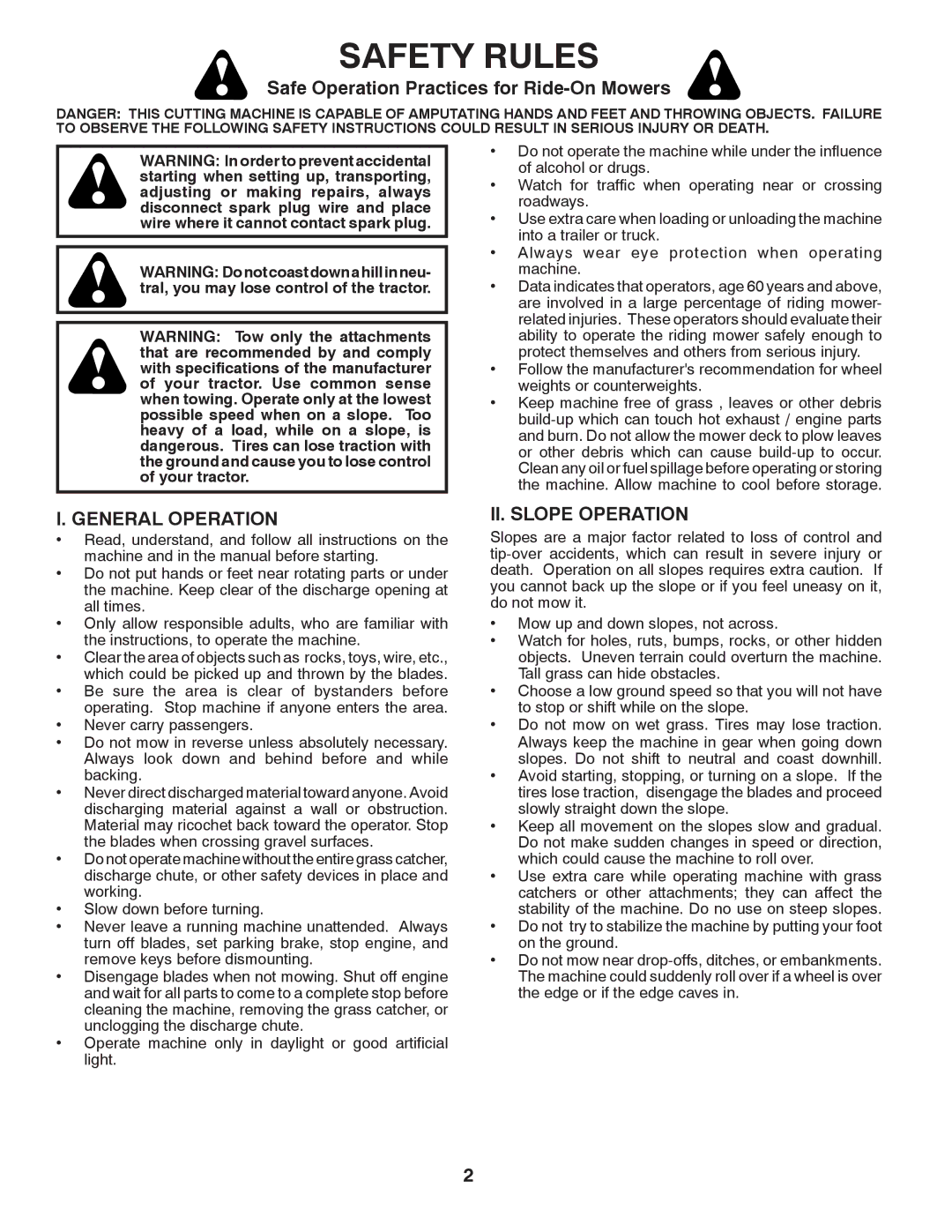 Husqvarna GTH2752TF Safety Rules, Safe Operation Practices for Ride-On Mowers, General Operation, II. Slope Operation 