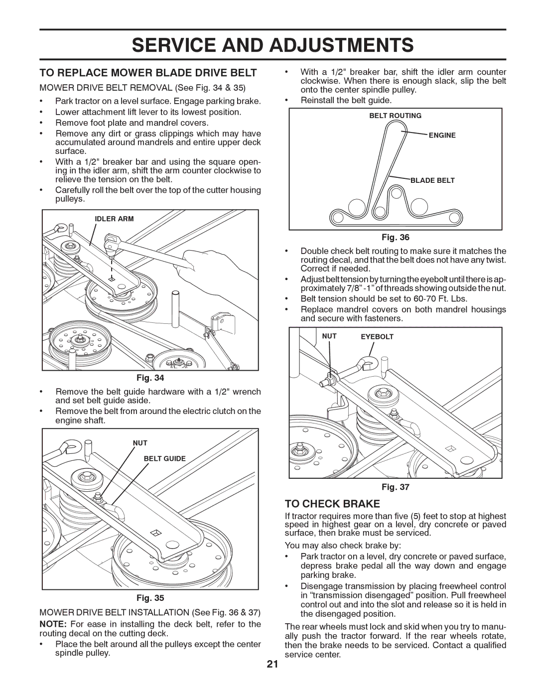 Husqvarna GTH2752TF owner manual To Replace Mower Blade Drive Belt, To Check Brake 