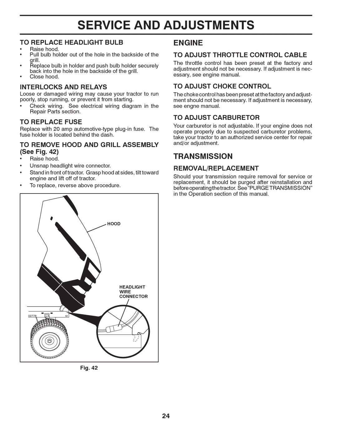 Husqvarna GTH2752TF owner manual Transmission 