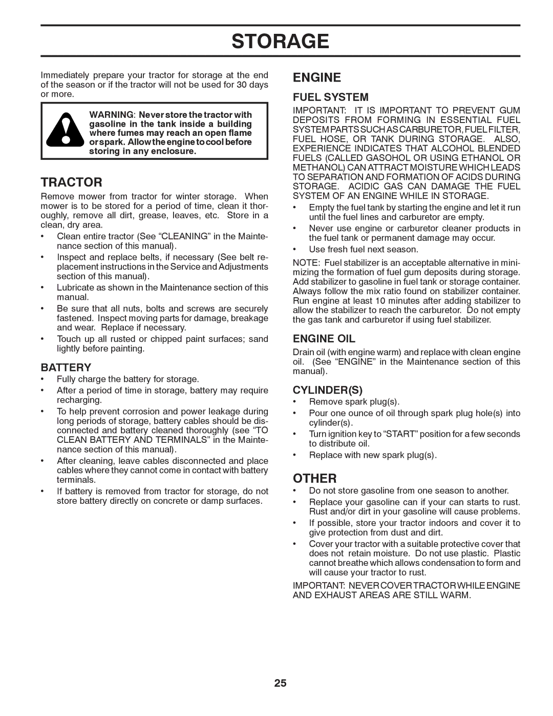 Husqvarna GTH2752TF owner manual Storage, Other, Fuel System, Engine OIL, Cylinders 