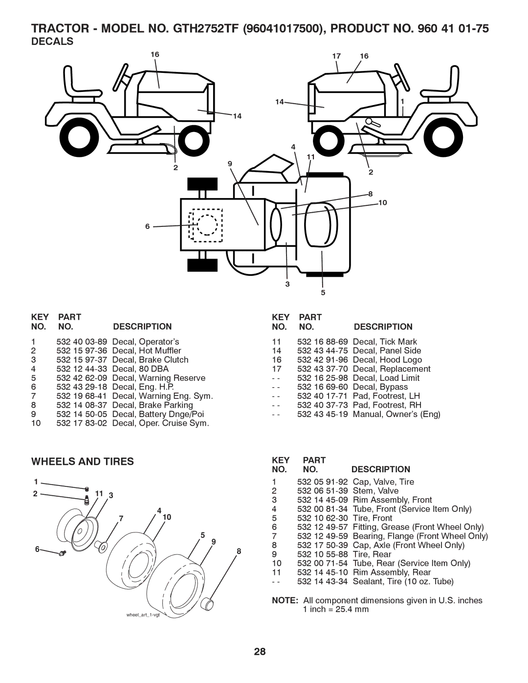 Husqvarna GTH2752TF owner manual Decals, Wheels and Tires, KEY Part Description, KEY Part NO. NO. Description 