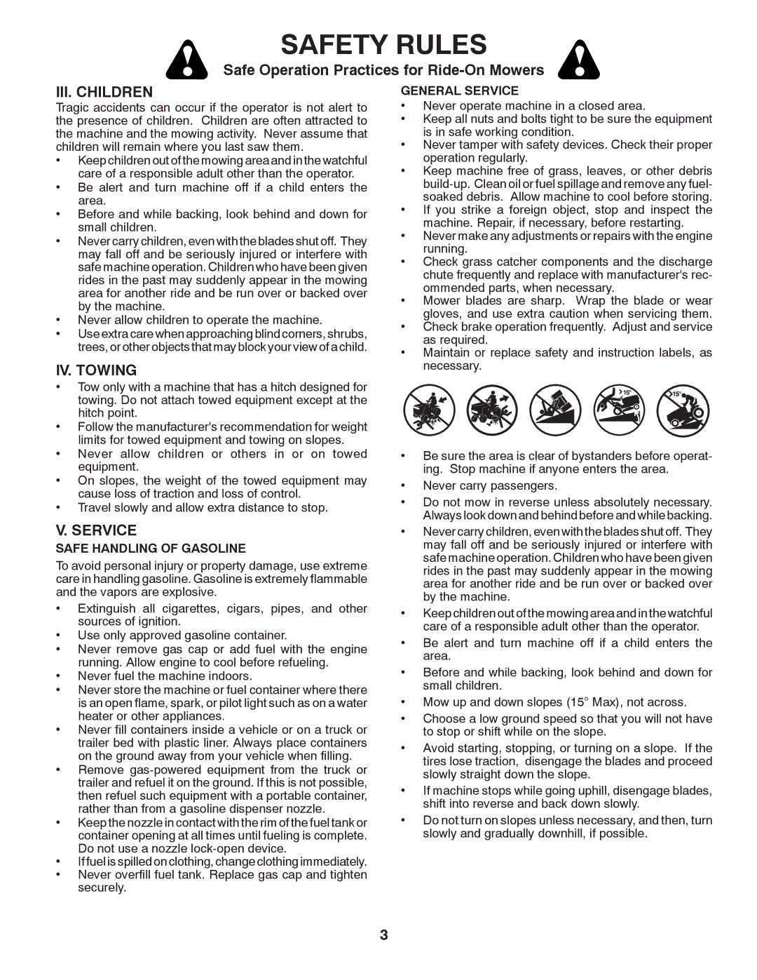 Husqvarna GTH2752TF owner manual III. Children, IV. Towing, General Service, Safe Handling of Gasoline 