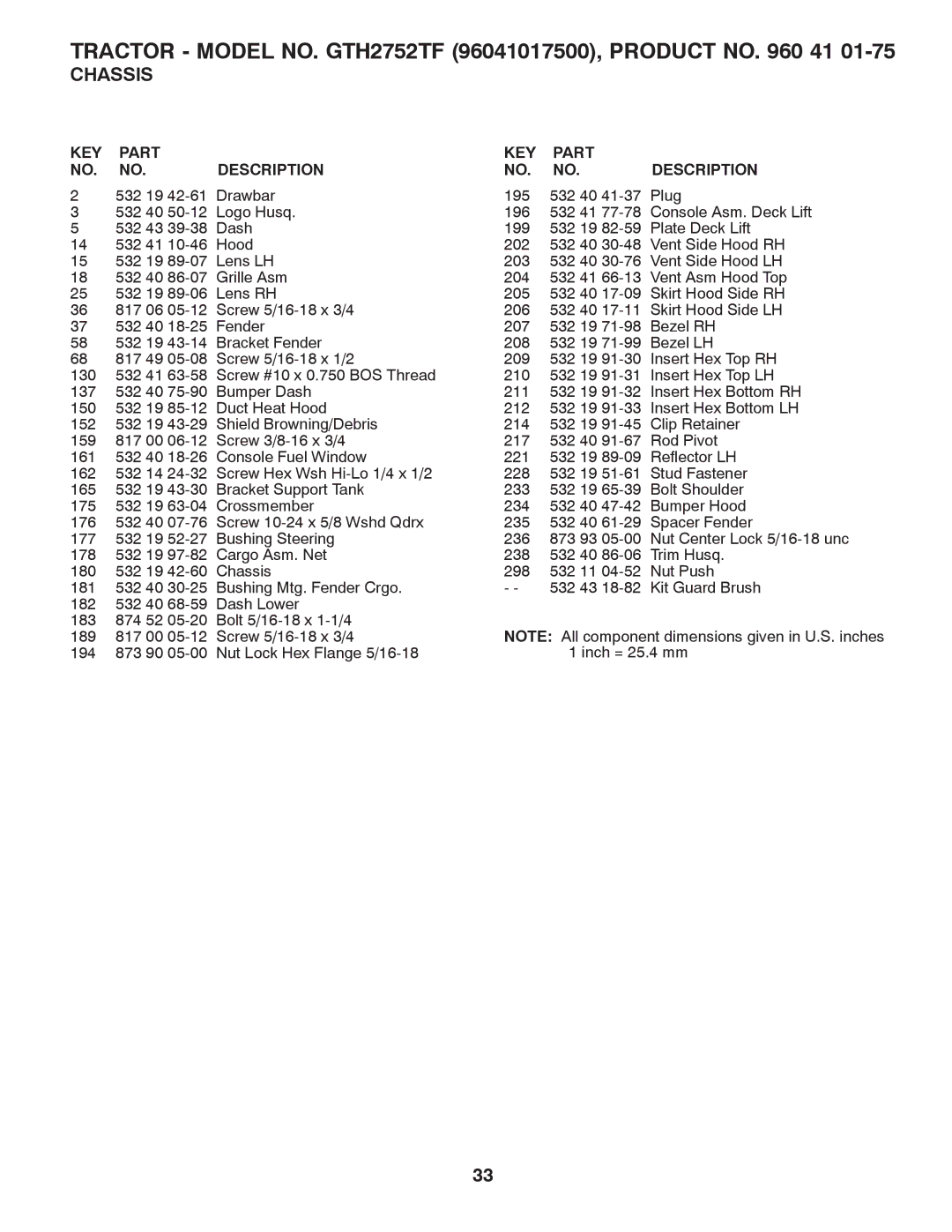 Husqvarna owner manual Tractor Model NO. GTH2752TF 96041017500, Product no 41 