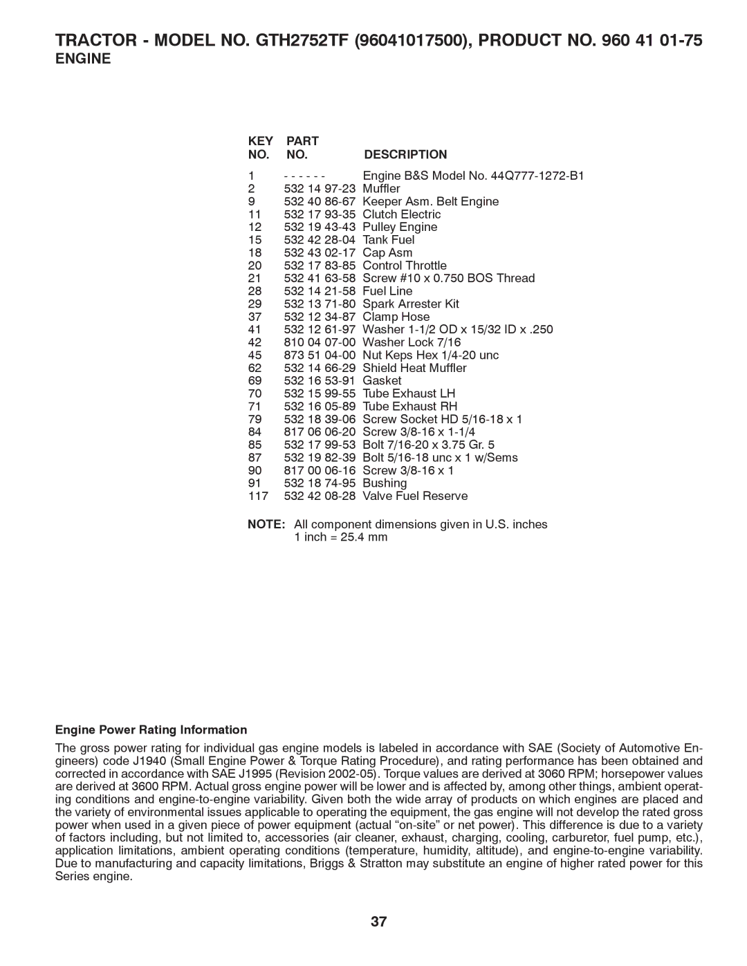 Husqvarna GTH2752TF owner manual Engine Power Rating Information 