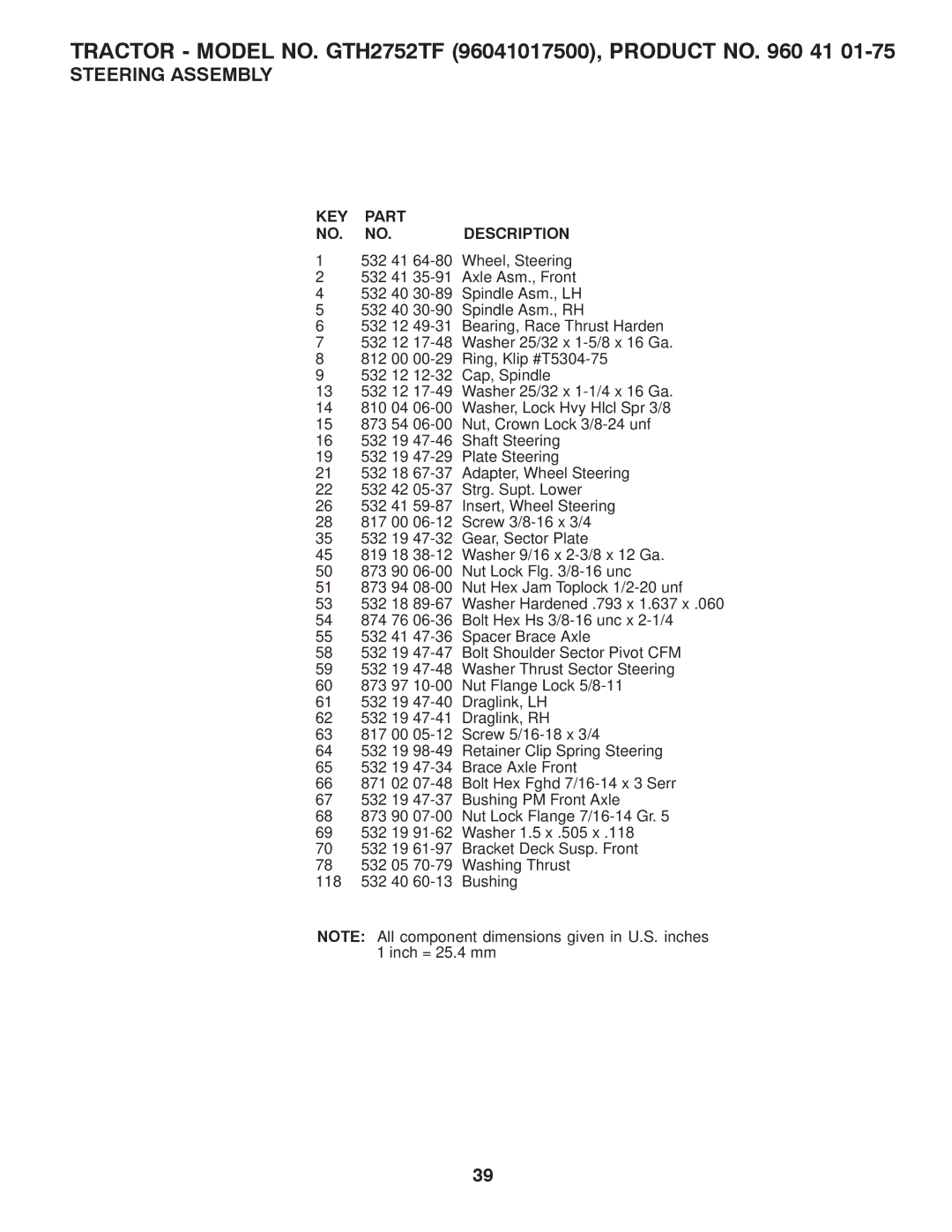 Husqvarna owner manual Tractor Model NO. GTH2752TF 96041017500, Product no 41 