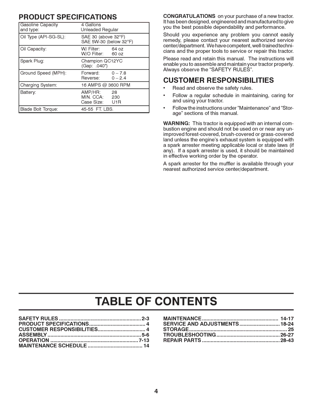 Husqvarna GTH2752TF owner manual Table of Contents 