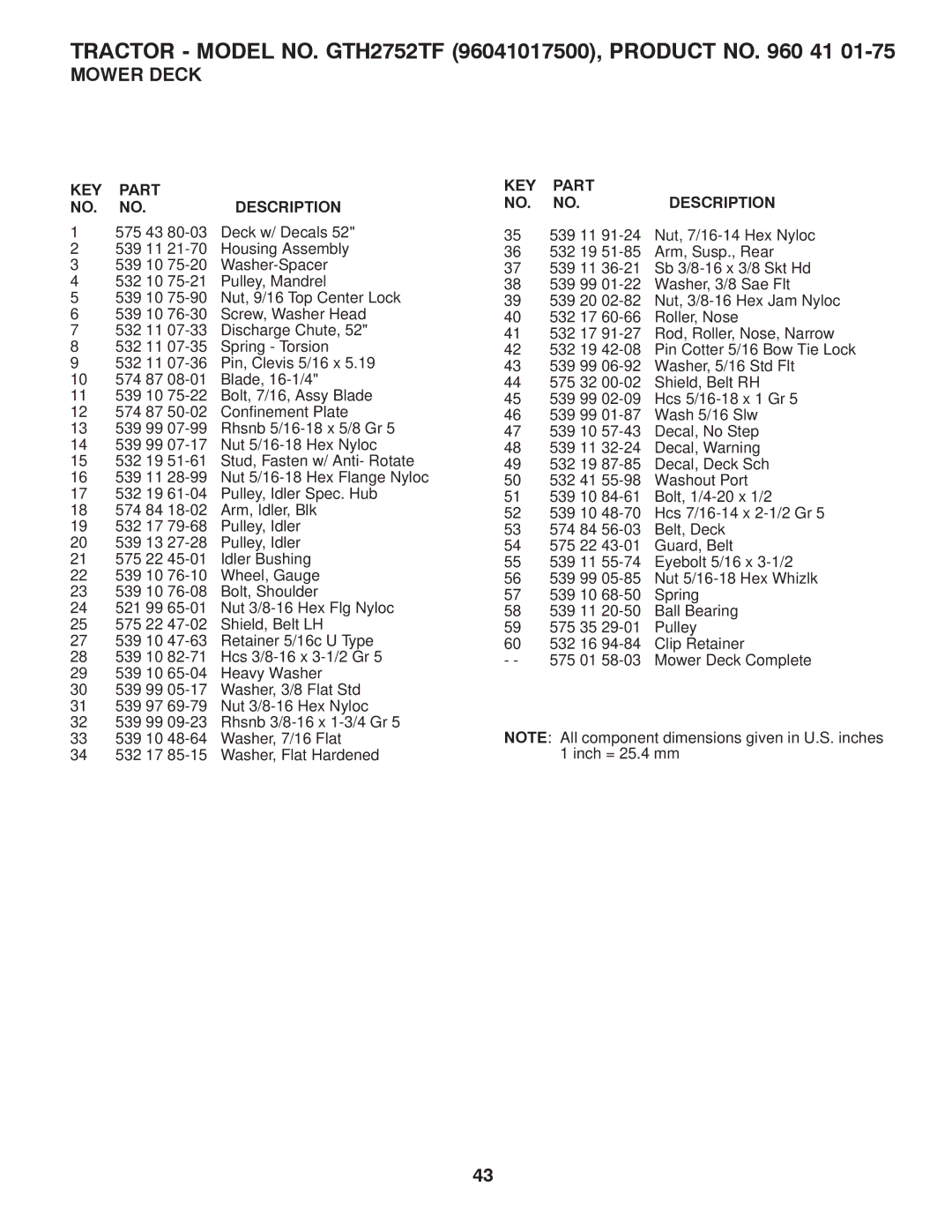 Husqvarna owner manual Tractor Model NO. GTH2752TF 96041017500, Product no 41 