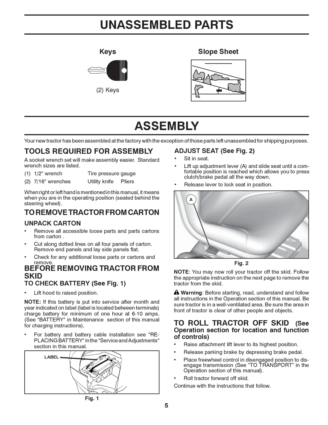 Husqvarna GTH2752TF owner manual Unassembled Parts, Tools Required for Assembly, To Remove Tractor from Carton 