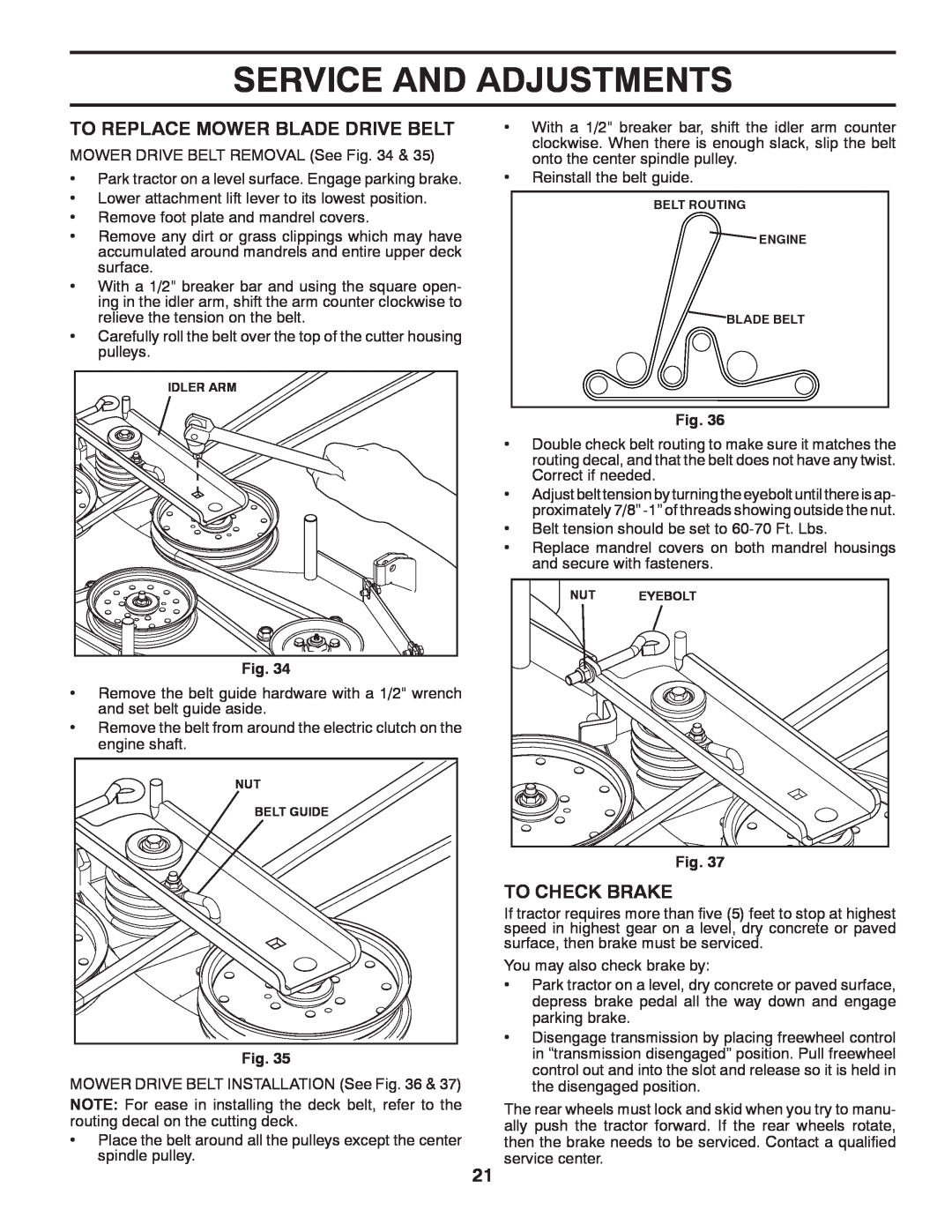 Husqvarna GTH2752TF owner manual To Replace Mower Blade Drive Belt, To Check Brake, Service And Adjustments 