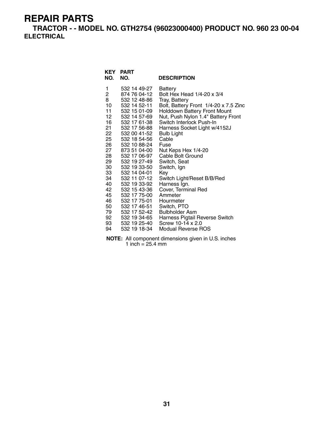 Husqvarna GTH2754 owner manual KEY Part Description 