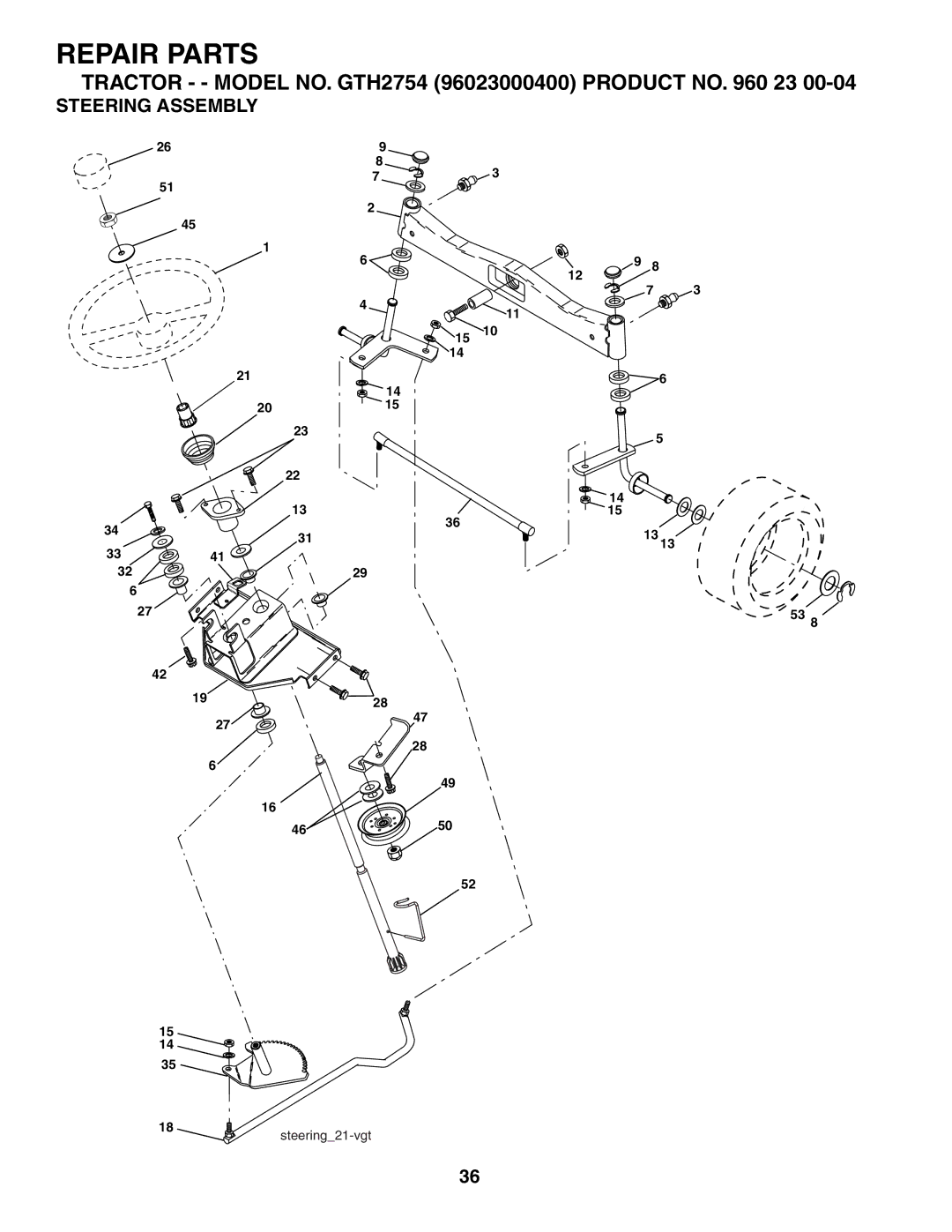 Husqvarna GTH2754 owner manual Steering Assembly 