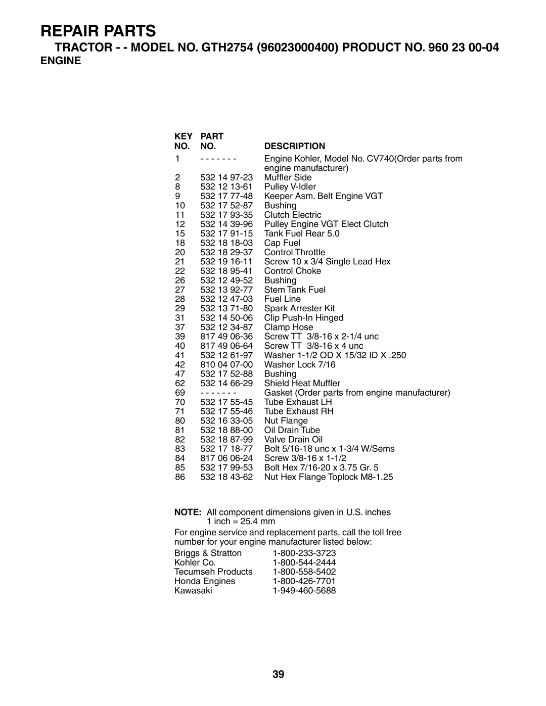 Husqvarna GTH2754 owner manual Engine Kohler, Model No. CV740Order parts from 