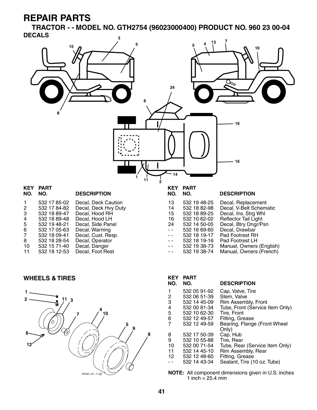 Husqvarna GTH2754 owner manual Decals, Wheels & Tires 