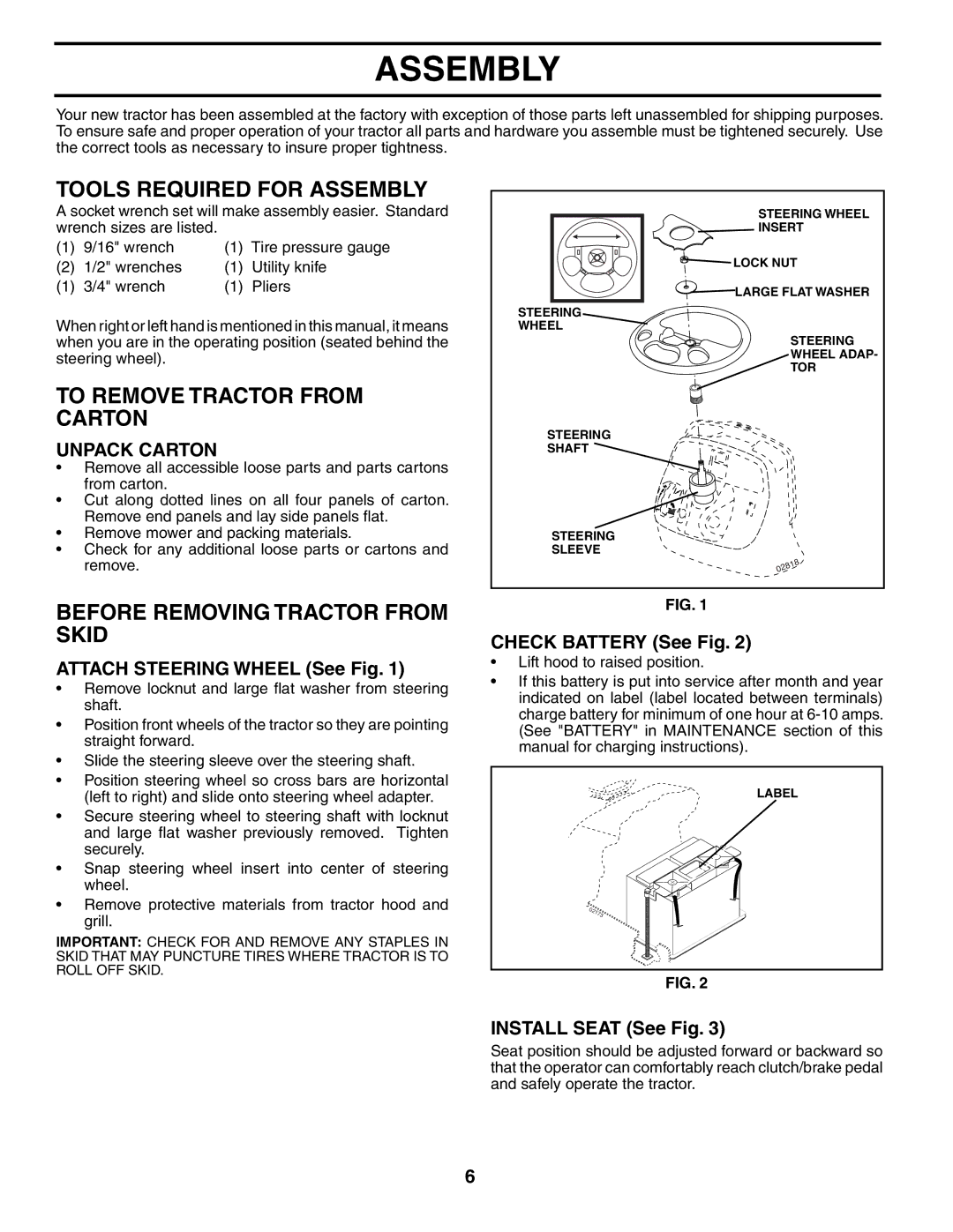 Husqvarna GTH2754 Tools Required for Assembly, To Remove Tractor from Carton, Before Removing Tractor from Skid 