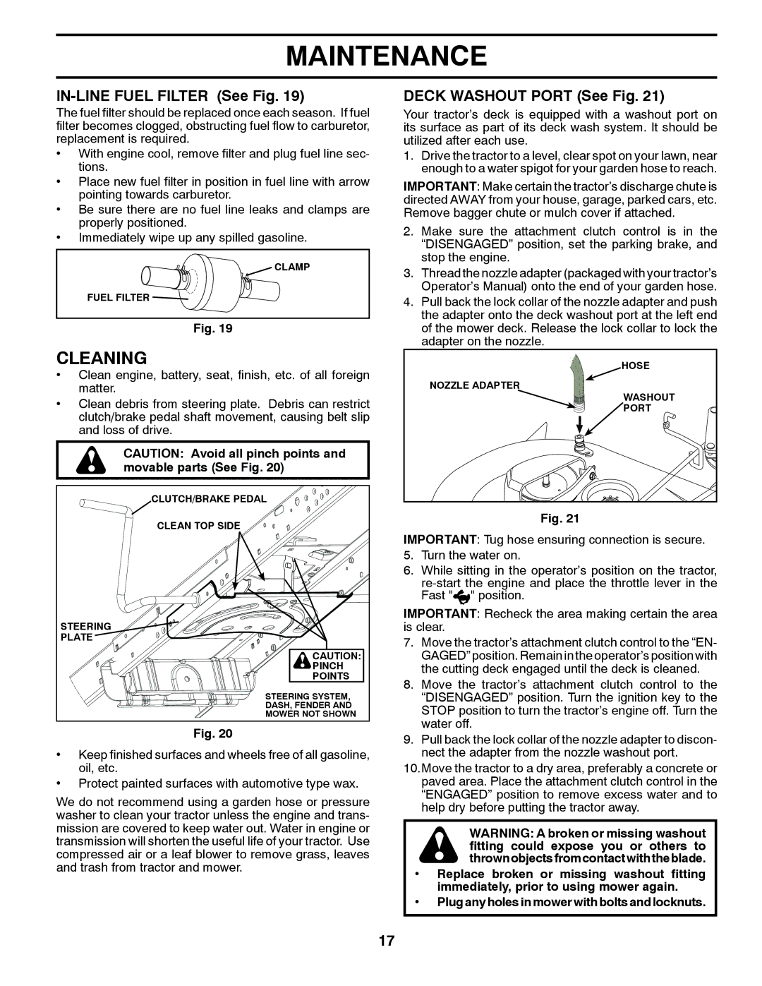 Husqvarna GTH27V48LS owner manual Cleaning, IN-LINE Fuel Filter See Fig, Deck Washout Port See Fig 