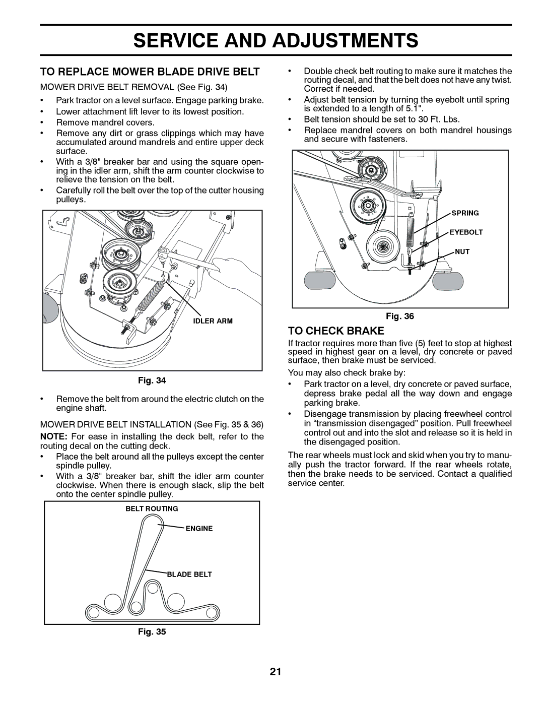 Husqvarna GTH27V48LS owner manual To Replace Mower Blade Drive Belt, To Check Brake 