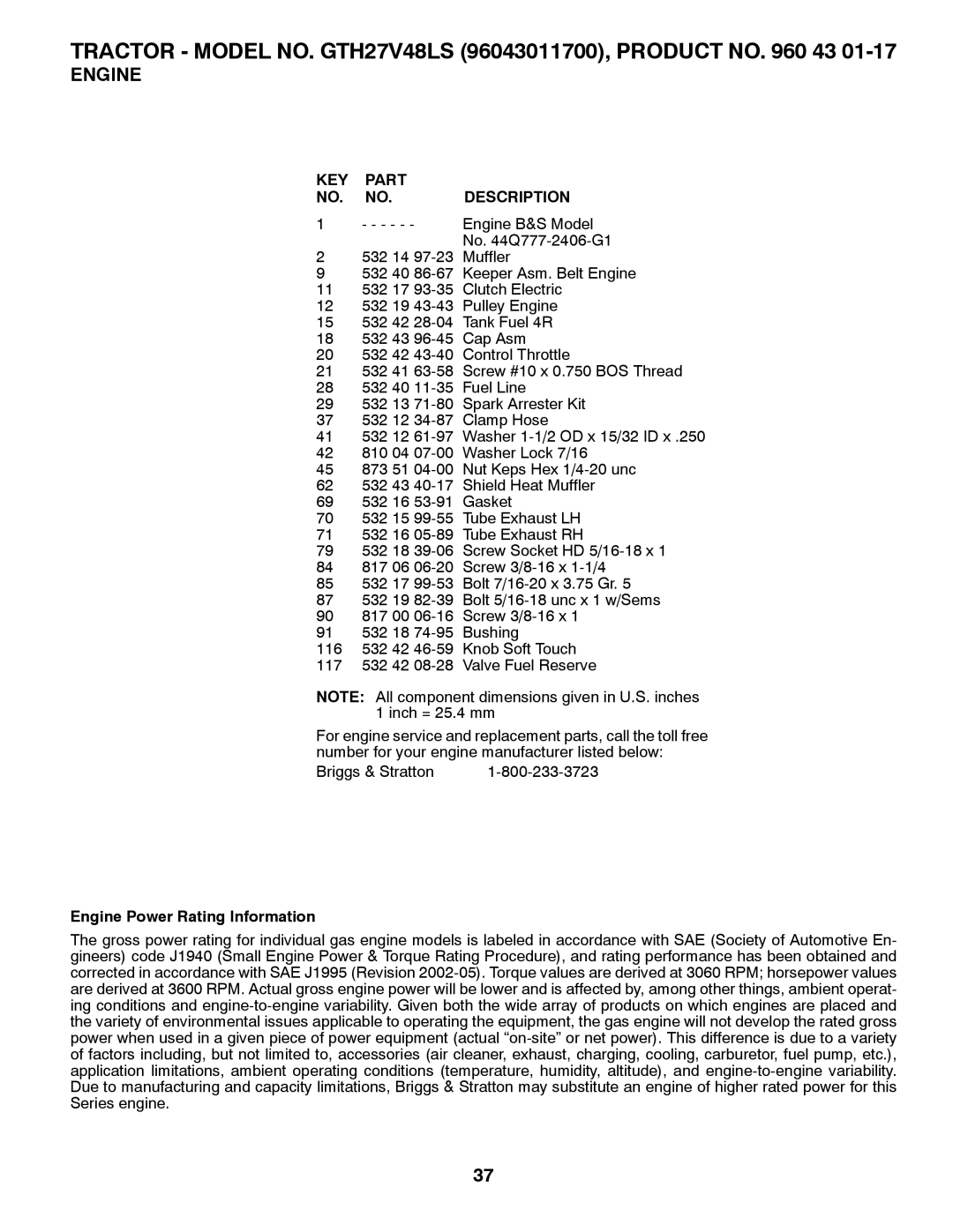 Husqvarna GTH27V48LS owner manual Engine Power Rating Information 