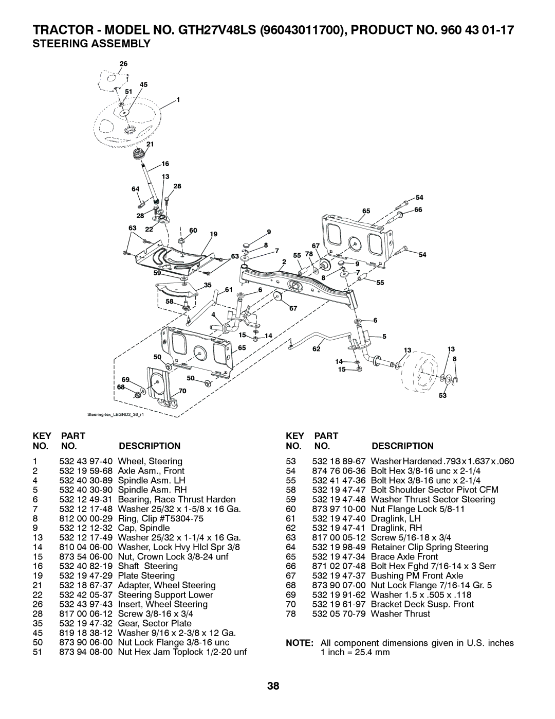 Husqvarna GTH27V48LS owner manual Steering Assembly 