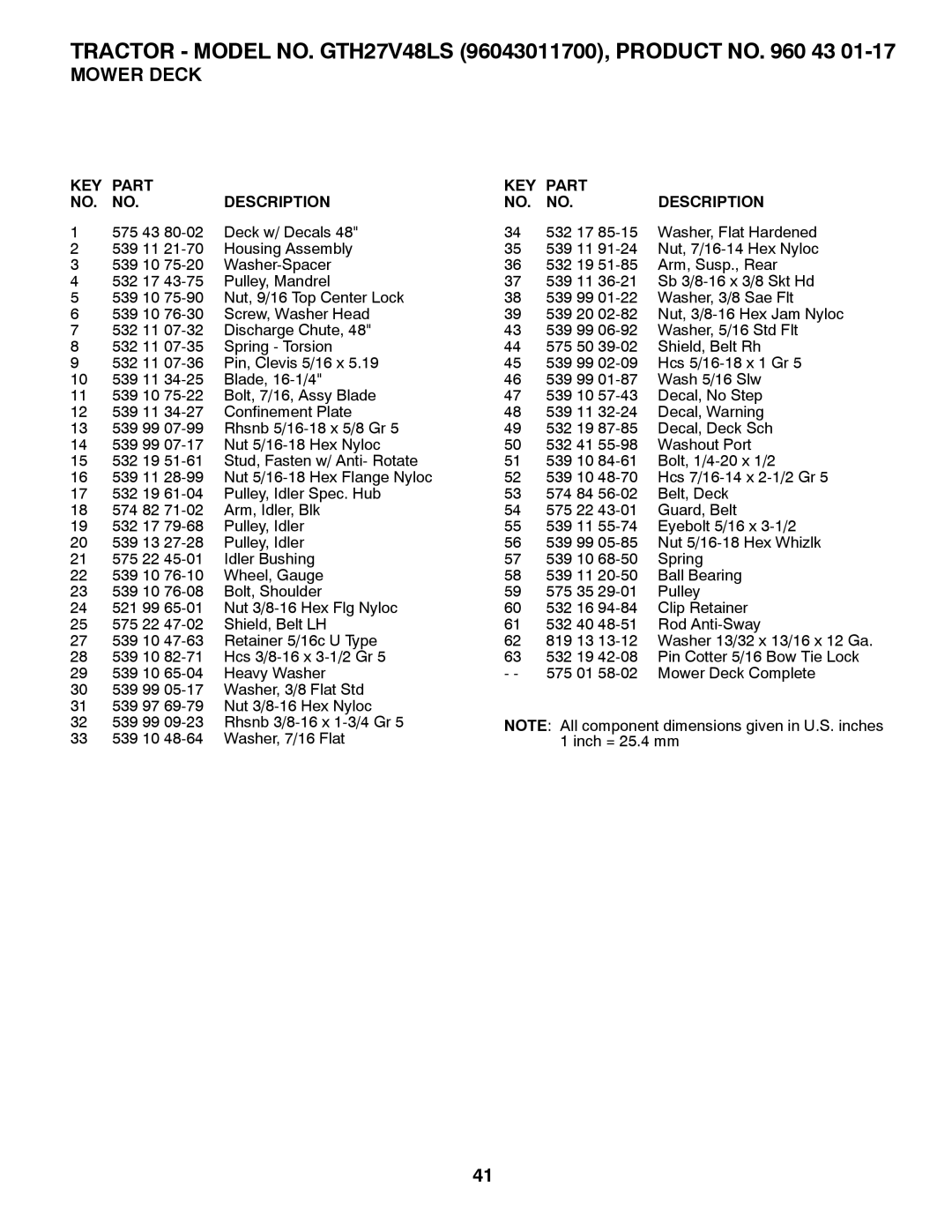 Husqvarna owner manual Tractor Model NO. GTH27V48LS 96043011700, Product no 43 