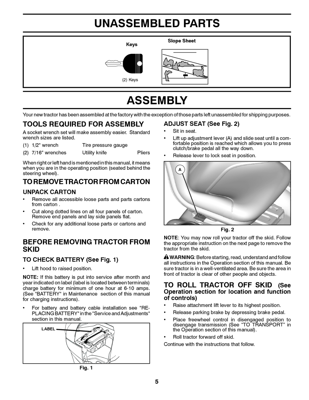 Husqvarna GTH27V48LS owner manual Unassembled Parts, Tools Required for Assembly, To Remove Tractor from Carton 