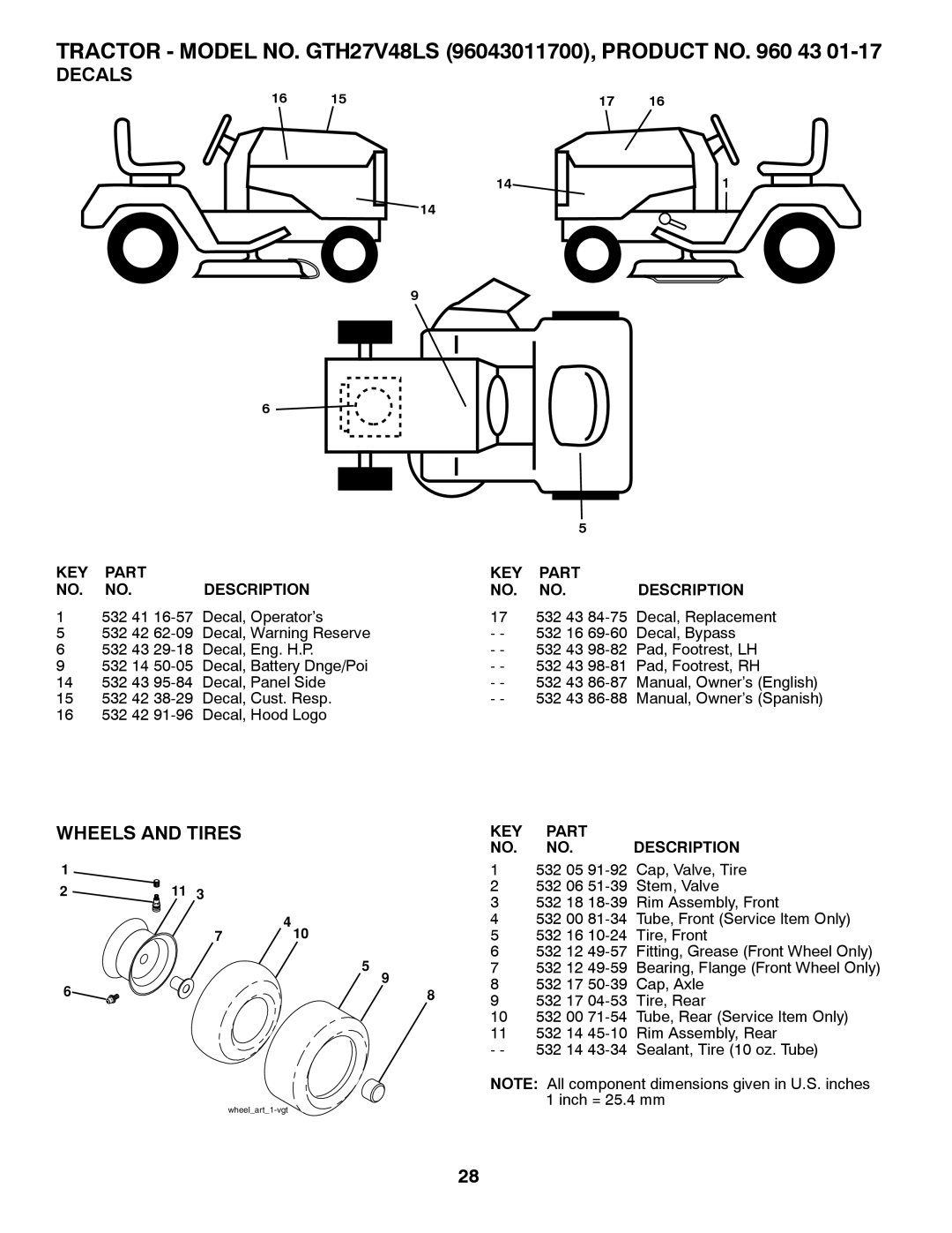 Husqvarna TRACTOR - MODEL NO. GTH27V48LS 96043011700, PRODUCT NO. 960 43, Decals, Wheels And Tires, Part, Description 