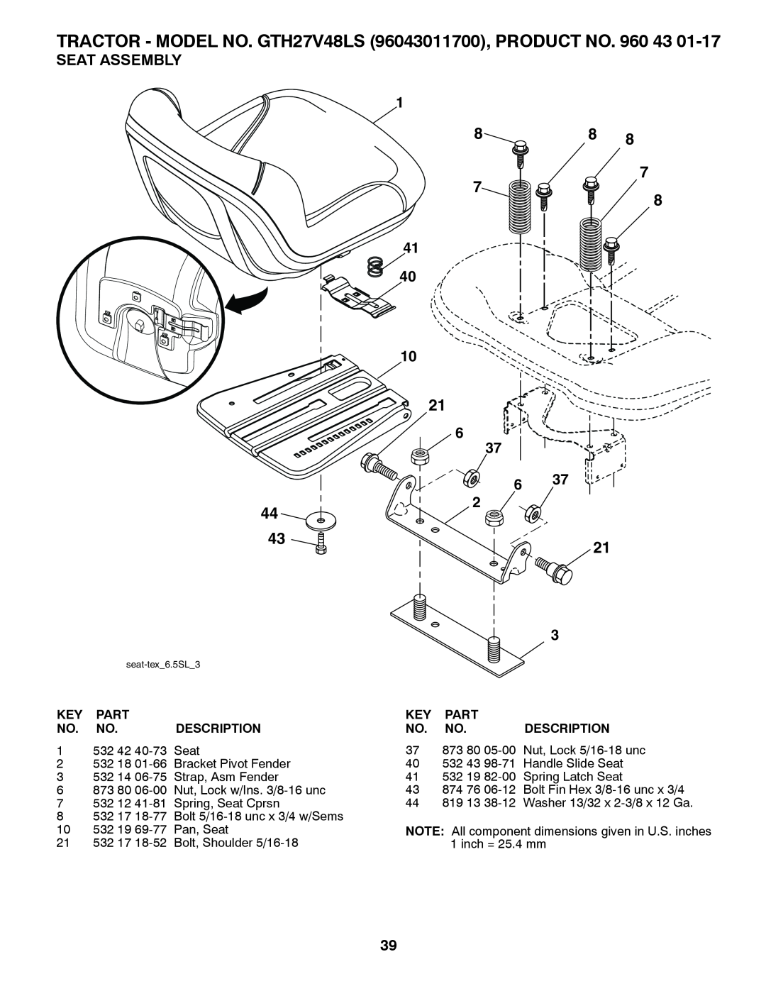Husqvarna owner manual Seat Assembly, TRACTOR - MODEL NO. GTH27V48LS 96043011700, PRODUCT NO. 960 43, Part, Description 