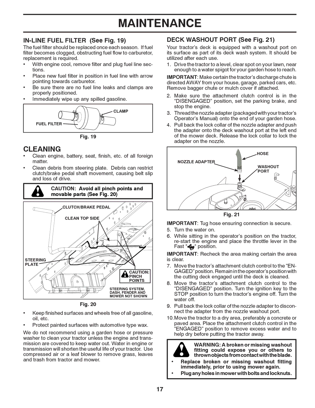 Husqvarna GTH27V52LS owner manual Cleaning, IN-LINE Fuel Filter See Fig, Deck Washout Port See Fig 